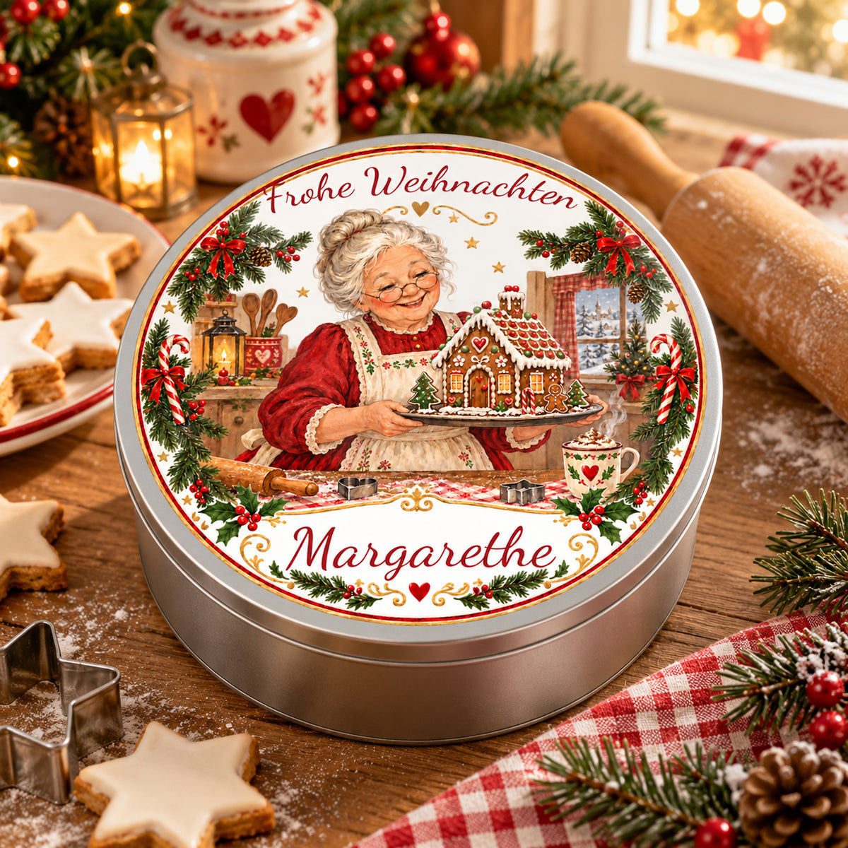 Personalisierte Weihnachtsoma-Keksdose Lebkuchenhaus in einer Küche.
