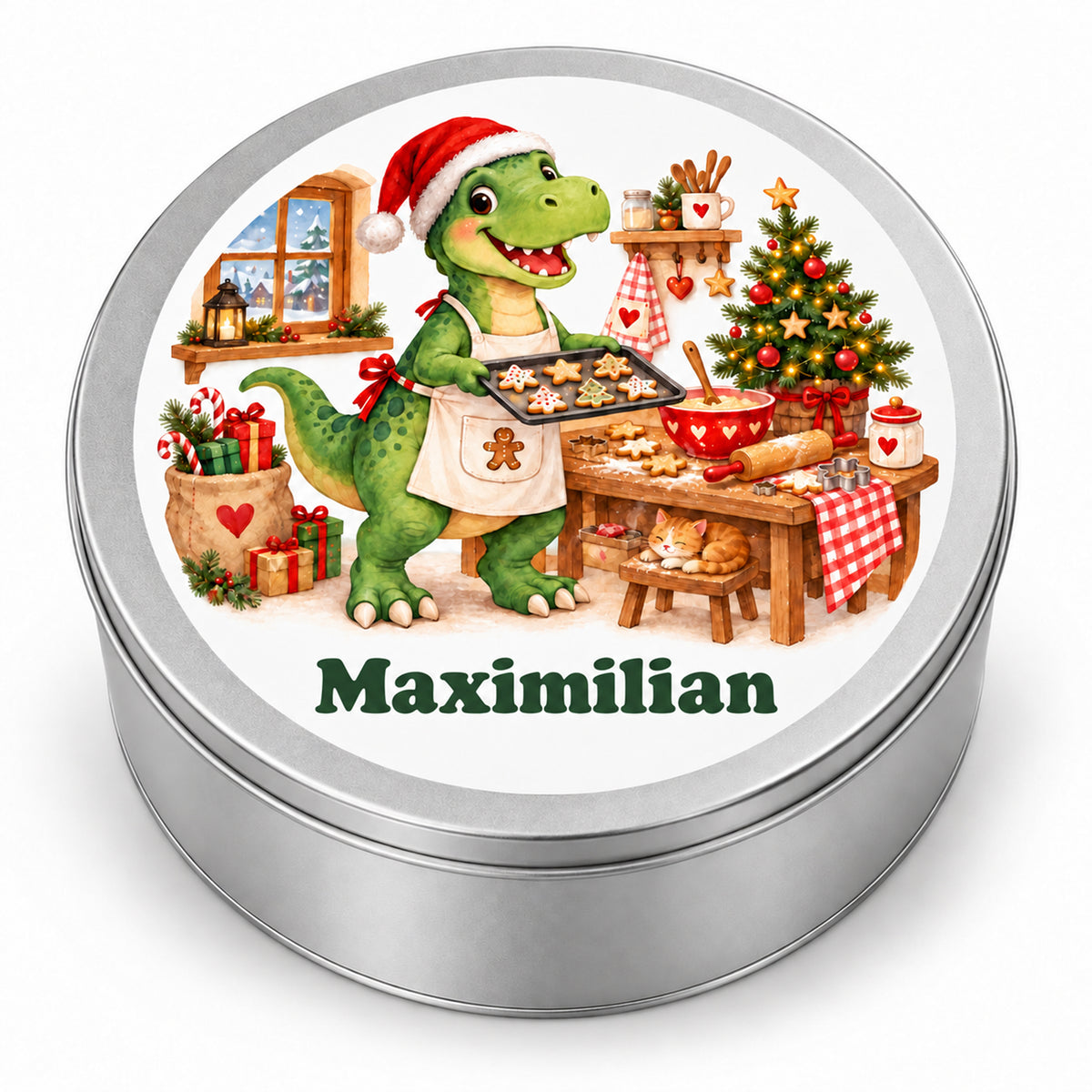 Personalisierte Weihnachtsdino-Keksdose – Weihnachtsbäcker, produktansicht vor weißem hintergrund