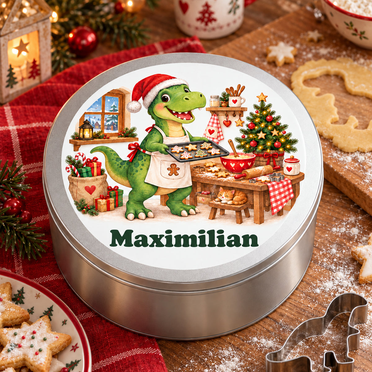 Personalisierte Weihnachtsdino-Keksdose – Weihnachtsbäcker, gemütliche szene am weihnachtstisch