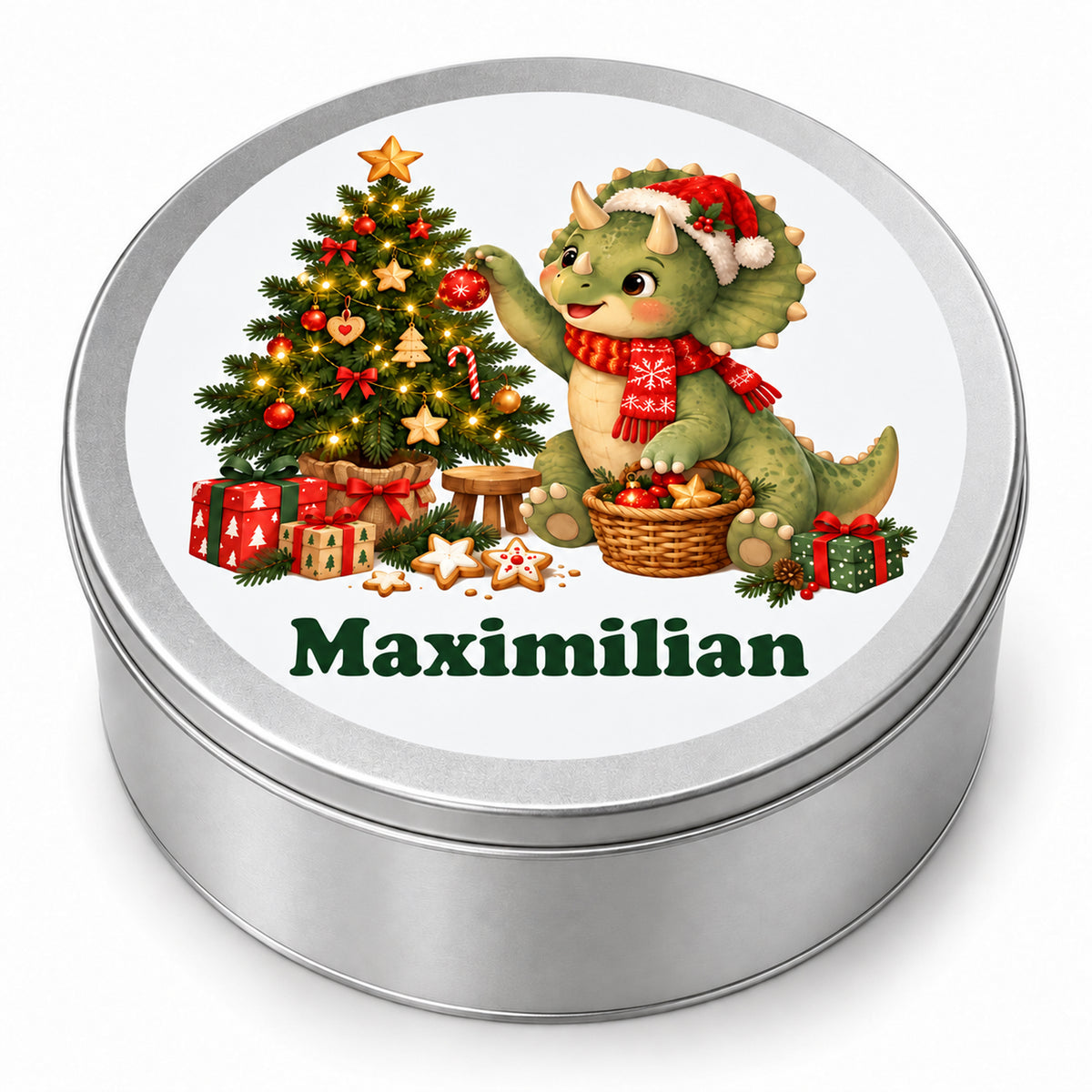 Personalisierte Weihnachtsdino-Keksdose – Baumschmücker, produktansicht vor weißem hintergrund