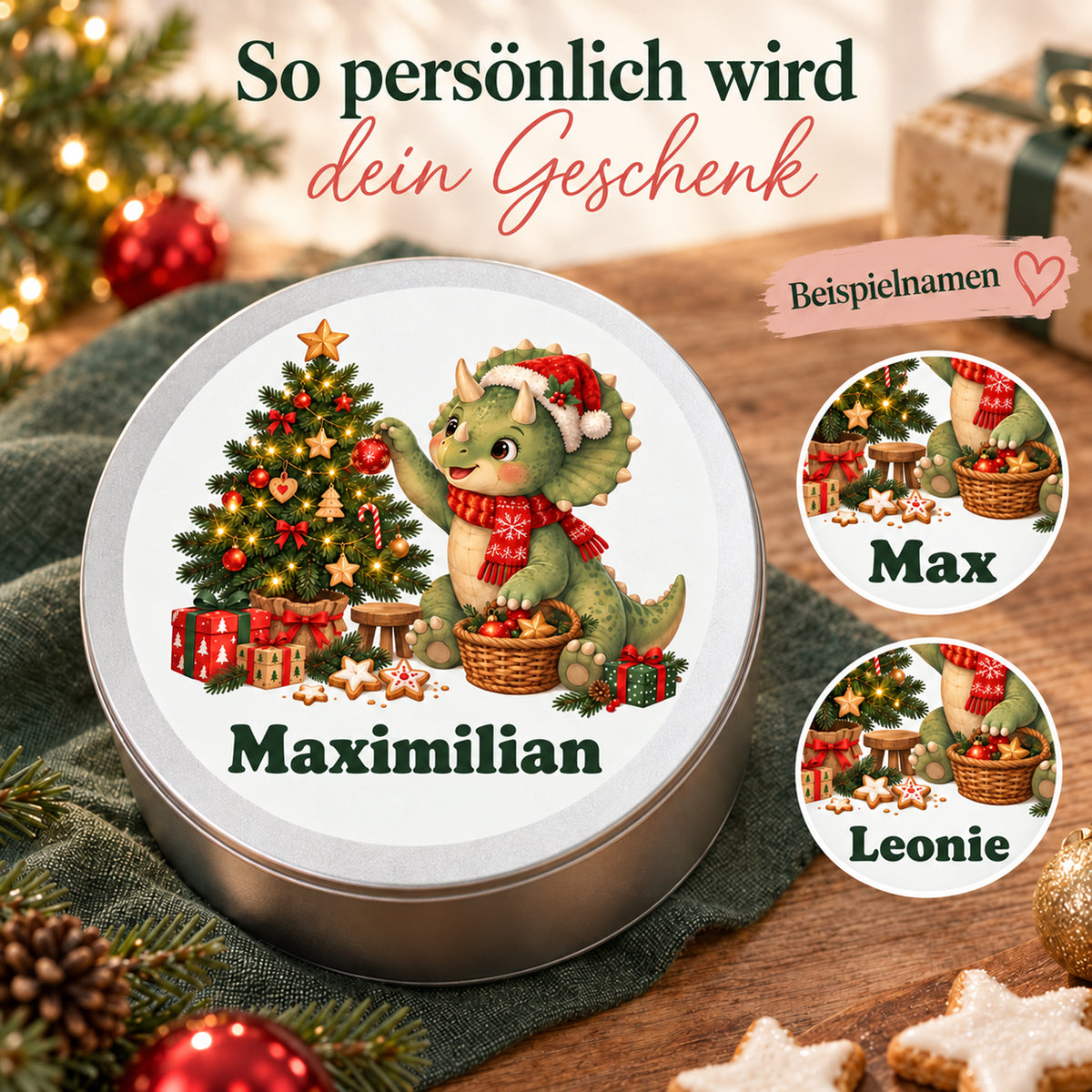 Personalisierte Weihnachtsdino-Keksdose – Baumschmücker, personalisierung mit drei namensbeispielen