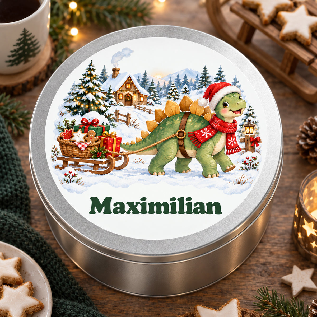 Personalisierte Weihnachtsdino-Keksdose – Keksschlitten, weihnachtliche ansicht von oben