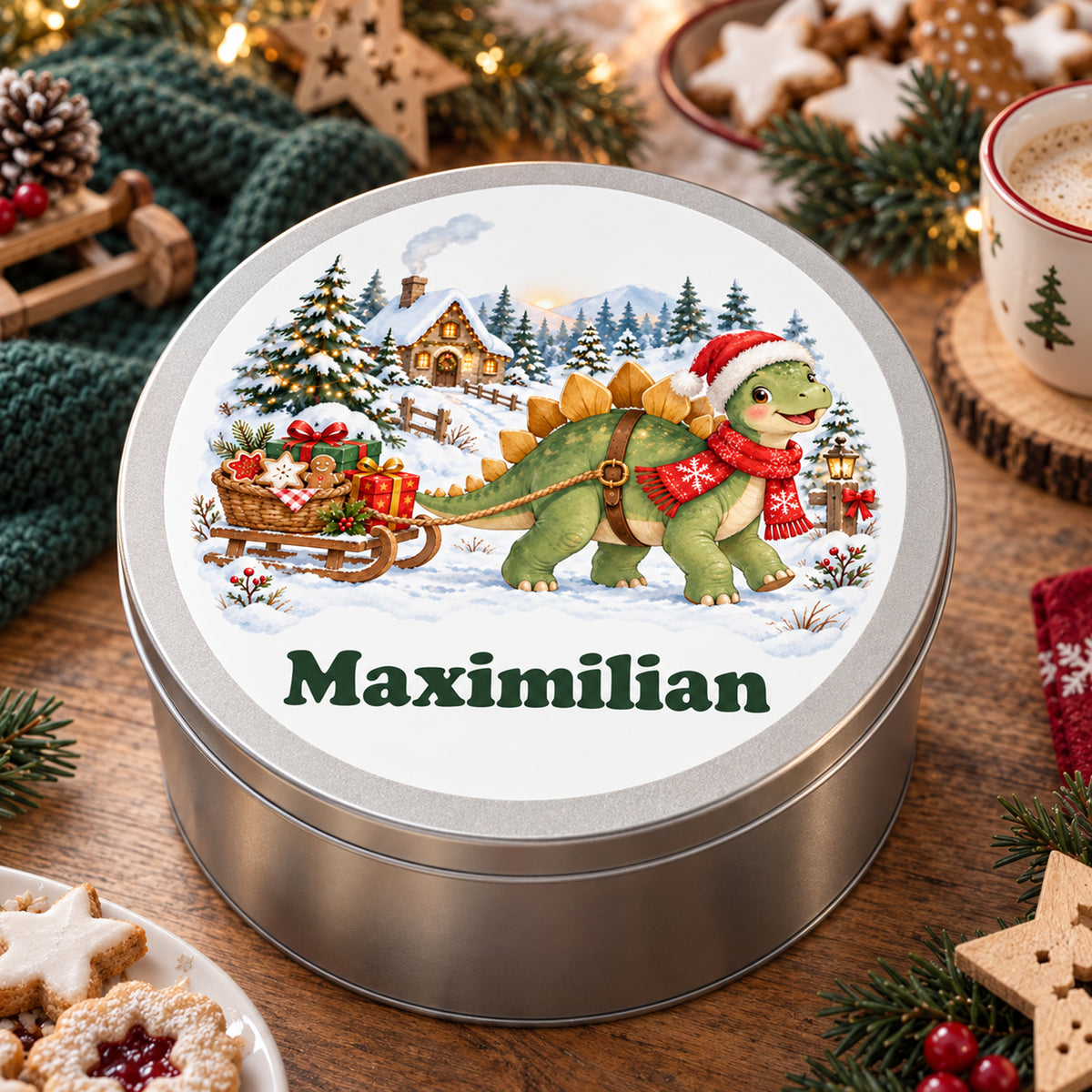 Personalisierte Weihnachtsdino-Keksdose – Keksschlitten, gemütliche szene am weihnachtstisch