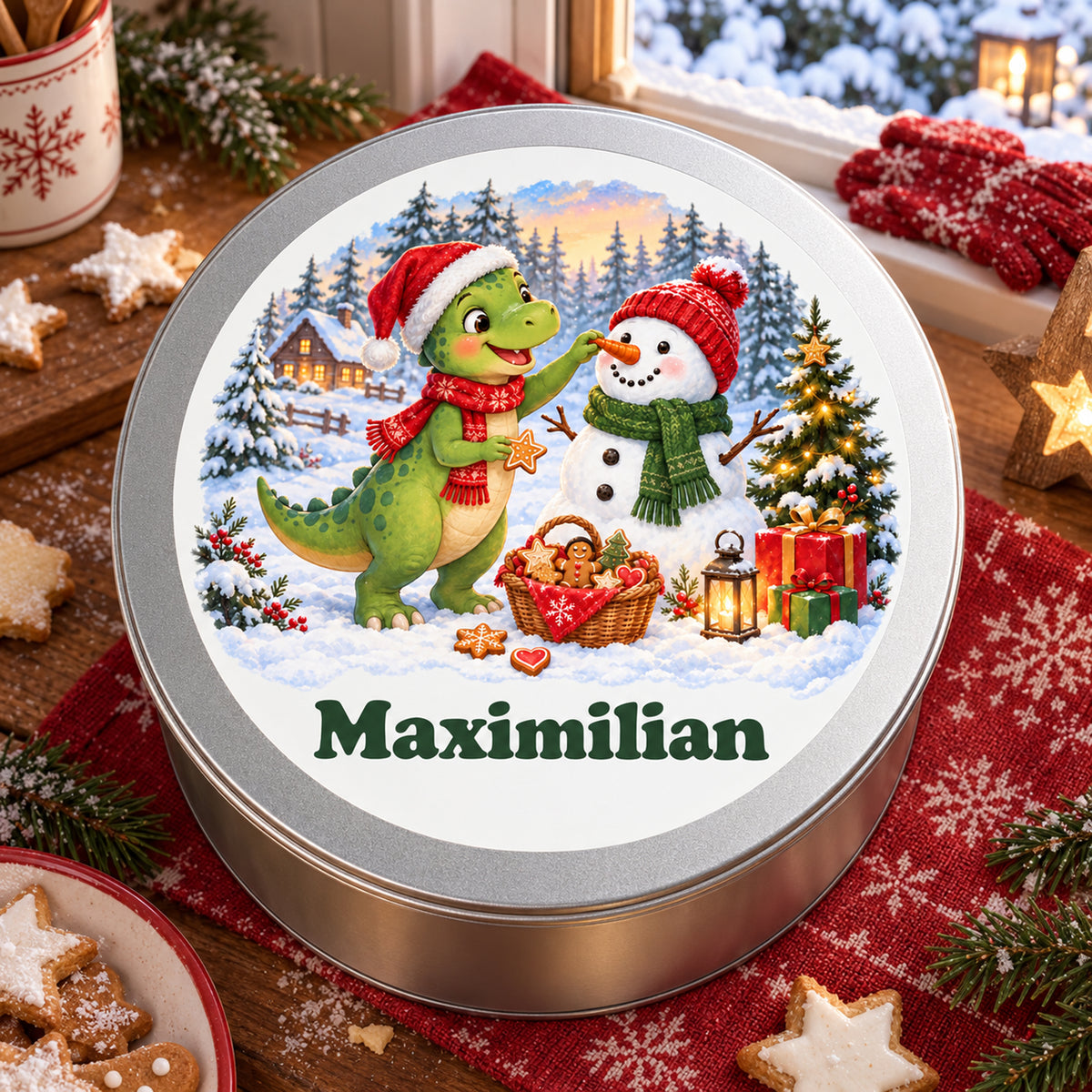 Personalisierte Weihnachtsdino-Keksdose – Dino und Schneemann, weihnachtliche ansicht von oben