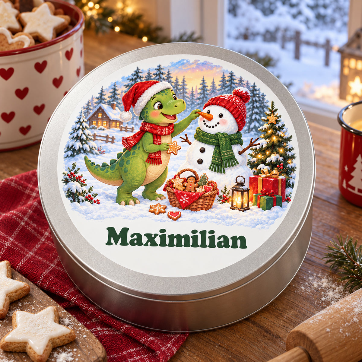 Personalisierte Weihnachtsdino-Keksdose – Dino und Schneemann, nahaufnahme von motiv und deckel