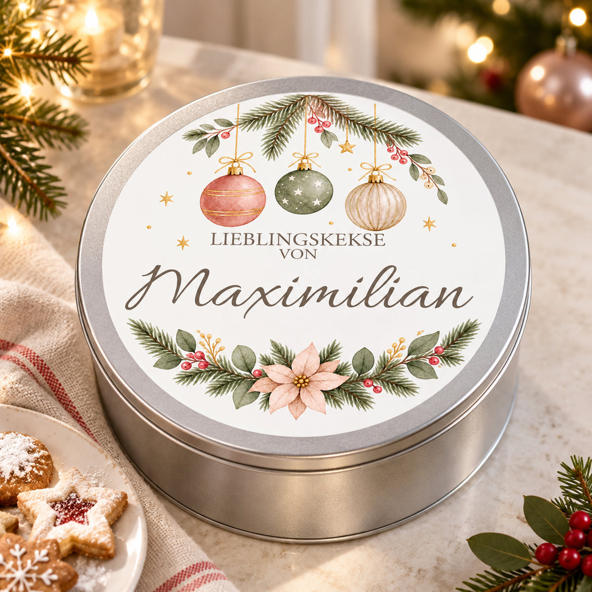 Geschlossene Keksdose mit Zarte Weihnachtskugeln-Motiv in schräger Ansicht