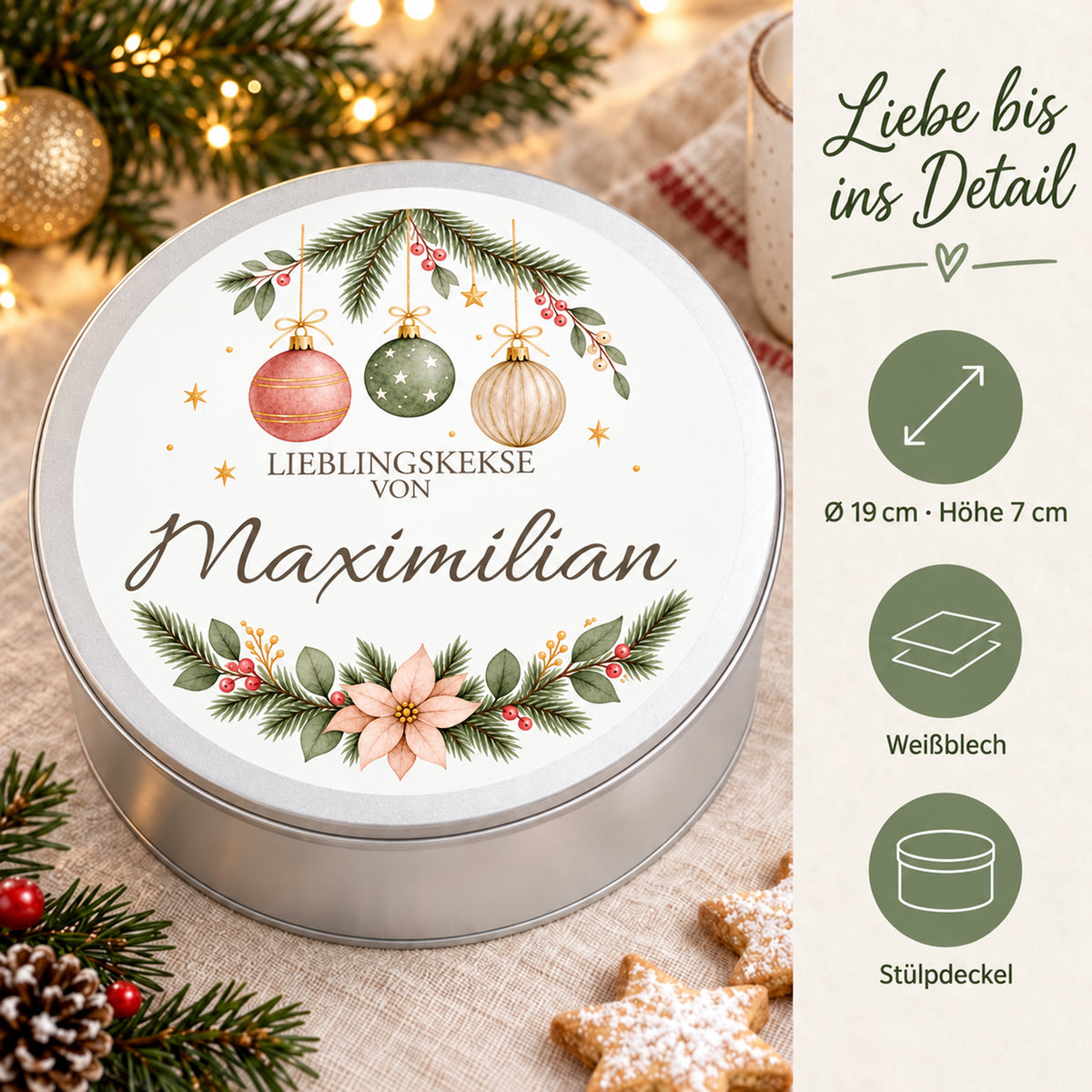 Weihnachtliche Keksdose mit Zarte Weihnachtskugeln-Motiv und Angaben zu Material, Größe und Deckel