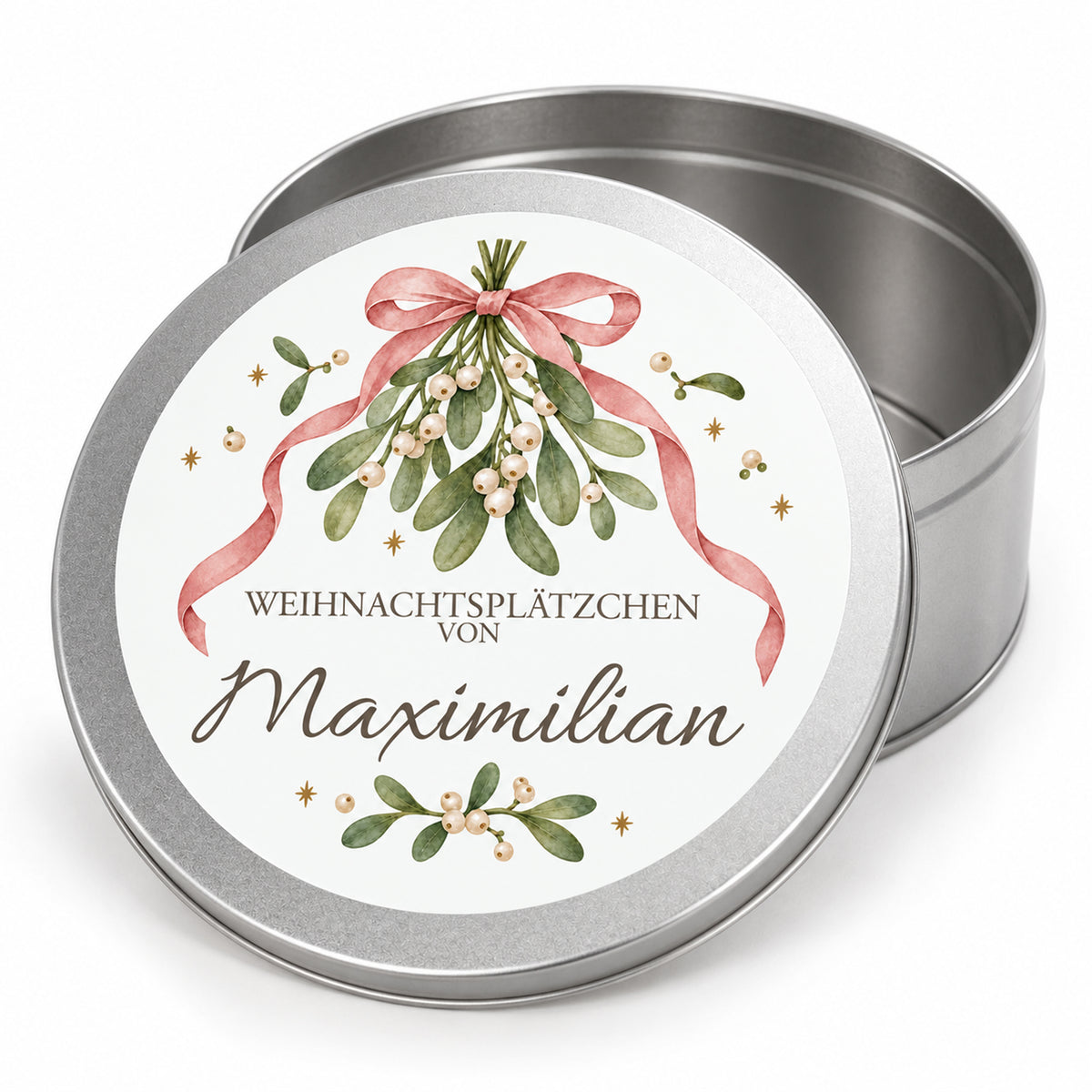 Silberne Keksdose mit Mistel & Schleife-Weihnachtsmotiv, offenem Behälter und personalisiertem Deckel