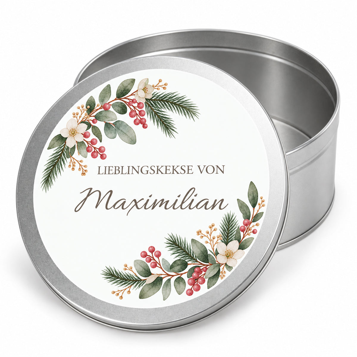 Silberne Keksdose mit Winterbeeren-Weihnachtsmotiv, offenem Behälter und personalisiertem Deckel