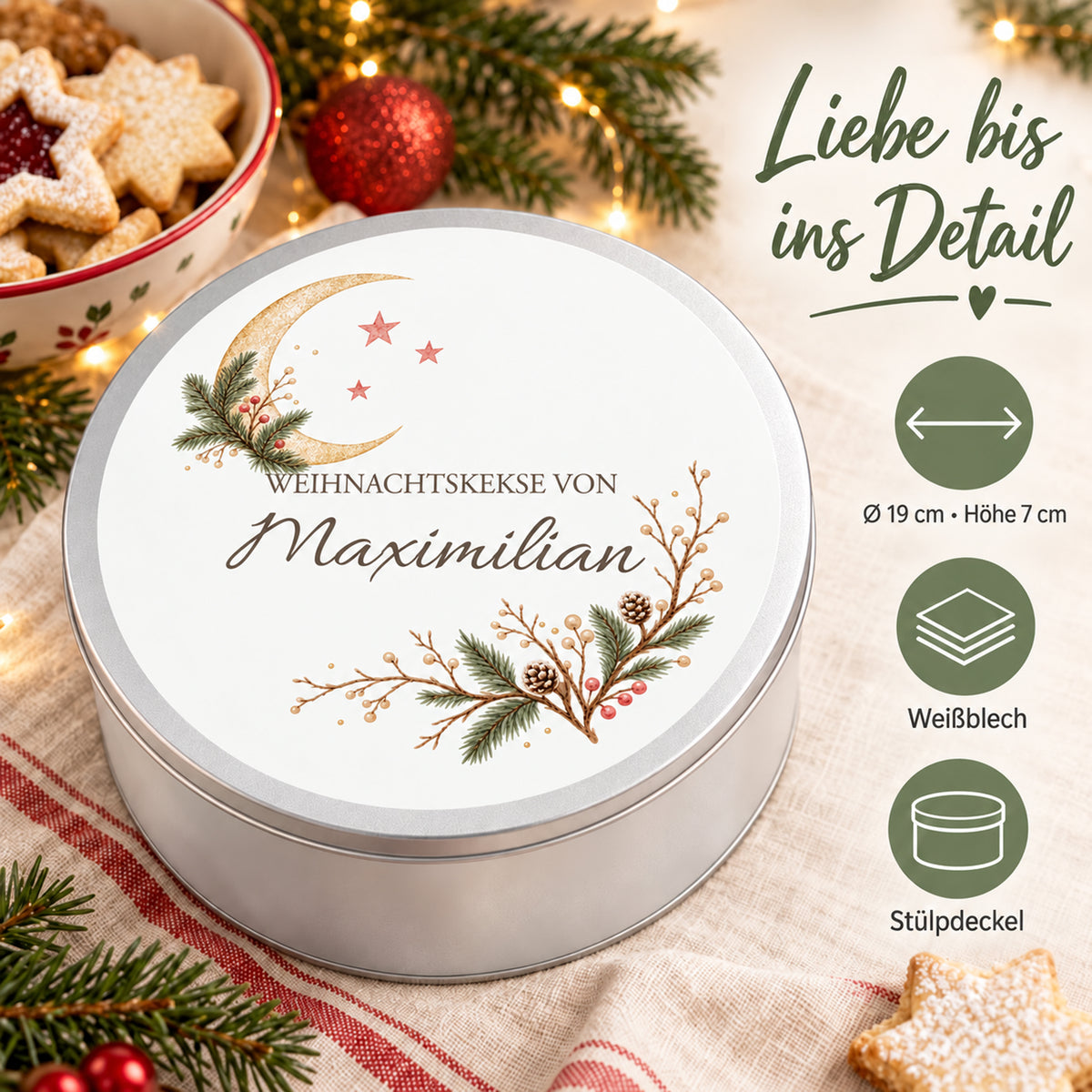 Weihnachtliche Keksdose mit Mond & Tannenspitzen-Motiv und Angaben zu Material, Größe und Deckel