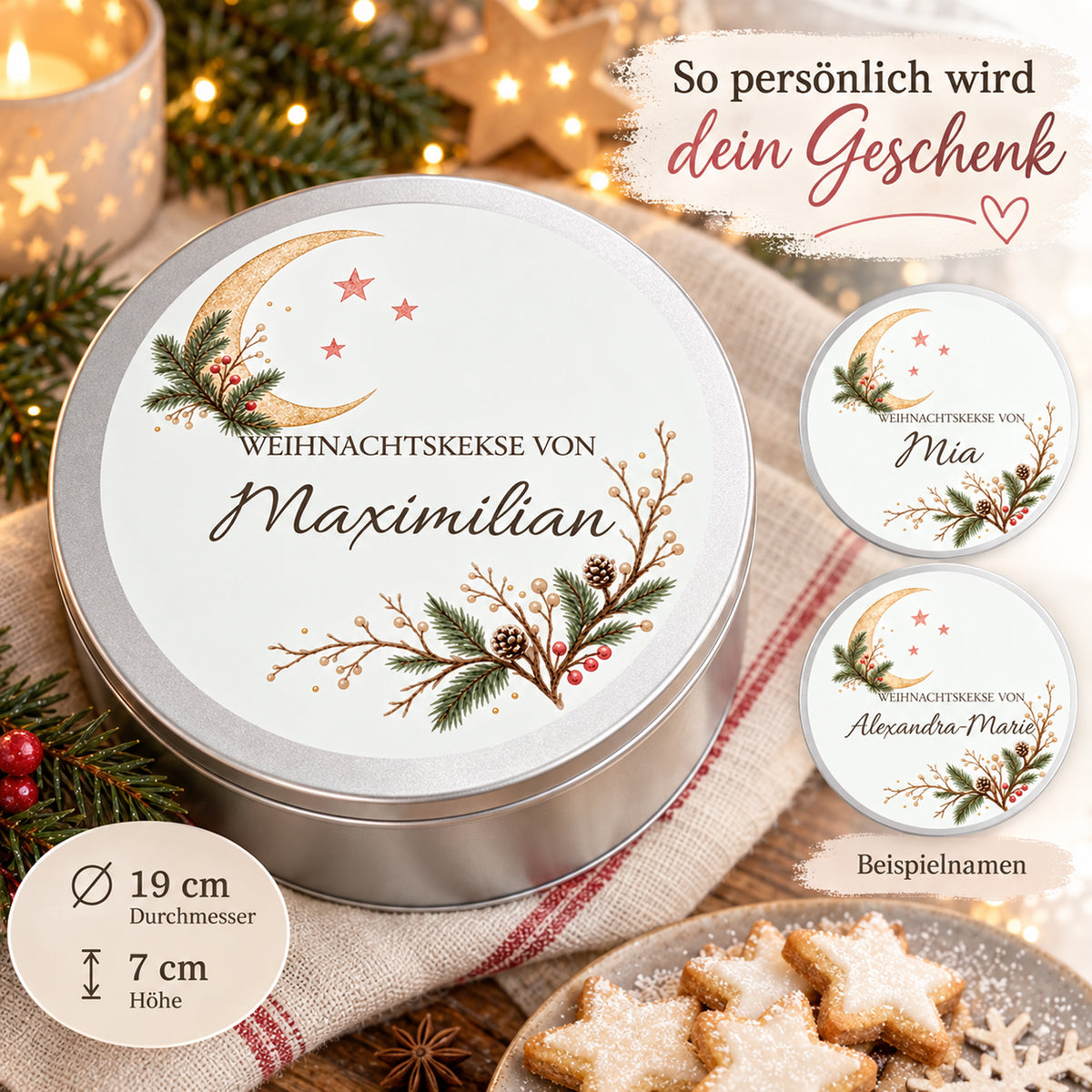 Mond & Tannenspitzen-Keksdose mit Wunschname und zwei Details verschiedener Namenslängen