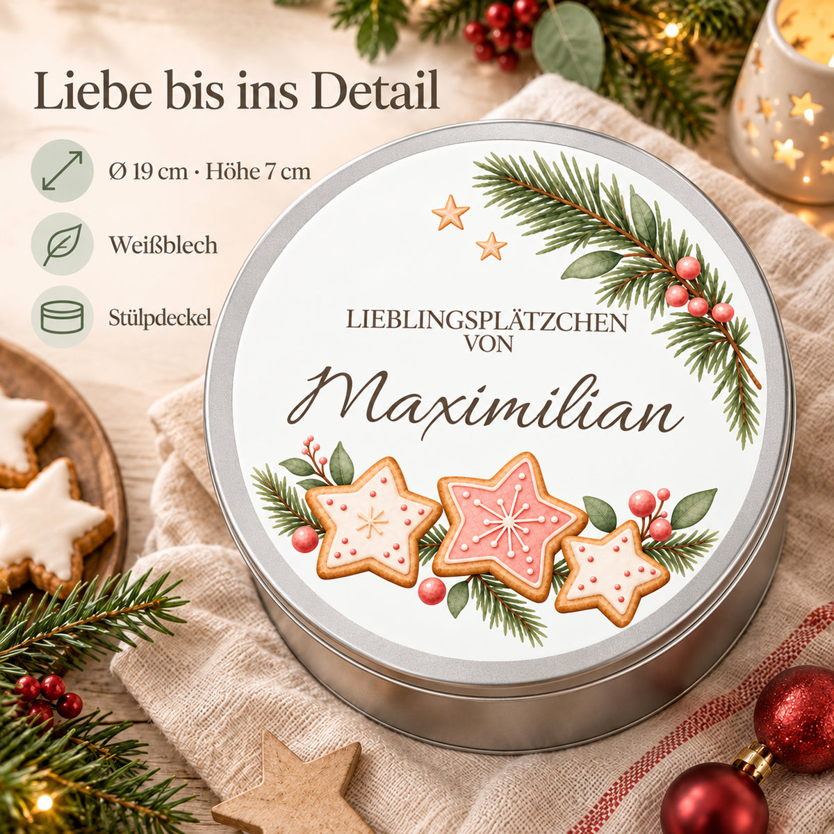 Weihnachtliche Keksdose mit Kekssterne-Motiv und Angaben zu Material, Größe und Deckel