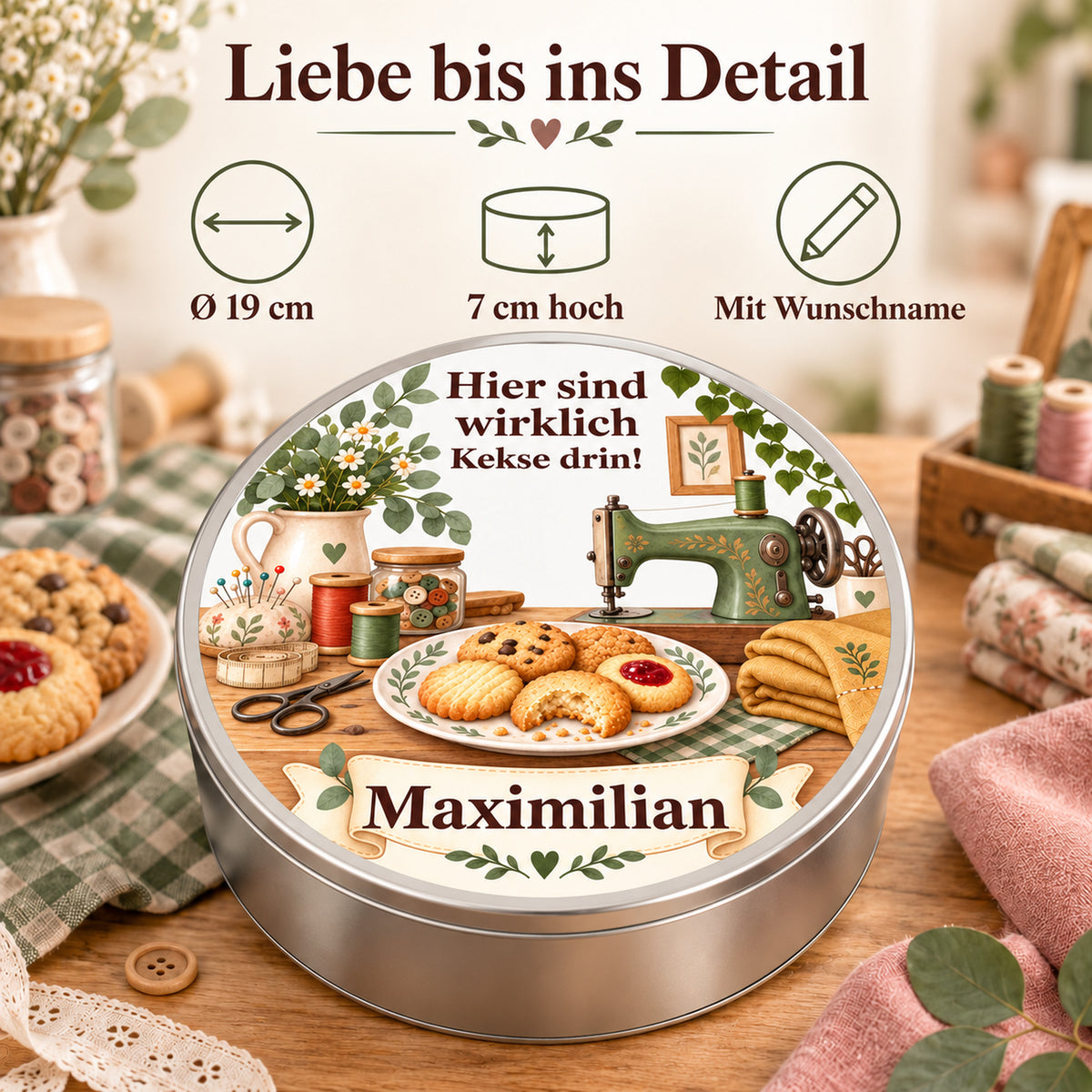 Keksdose mit grüner Nähmaschine: Wunschname, 19 cm Durchmesser und 7 cm Höhe