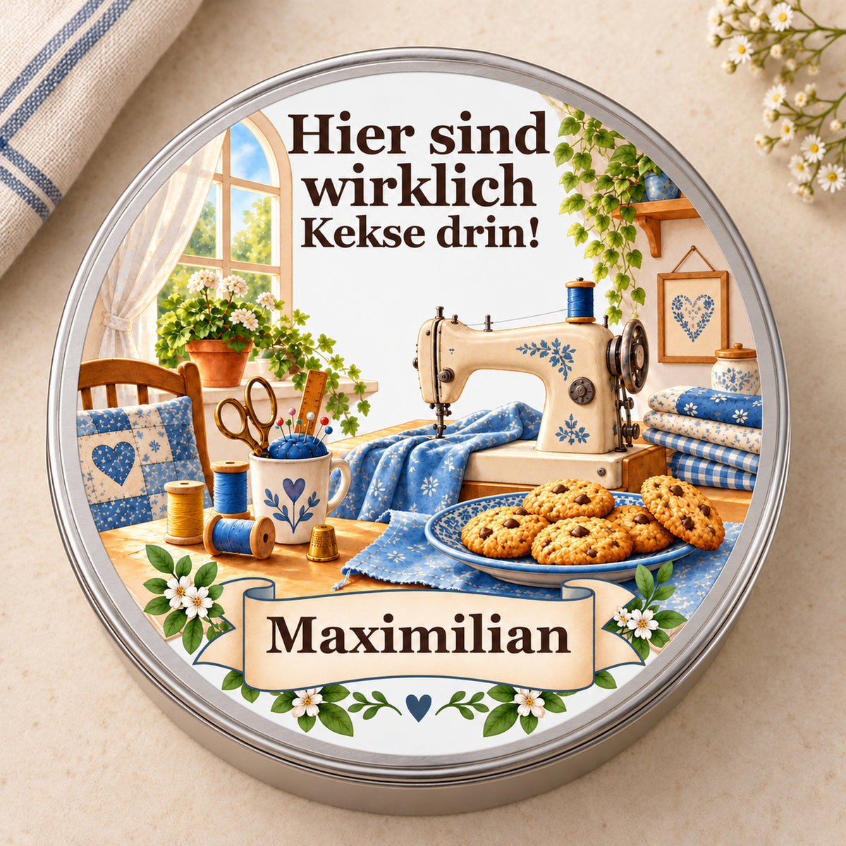 Keksdose mit Nähmaschine am Fenster und Wunschname, Deckel auf hellem Tisch