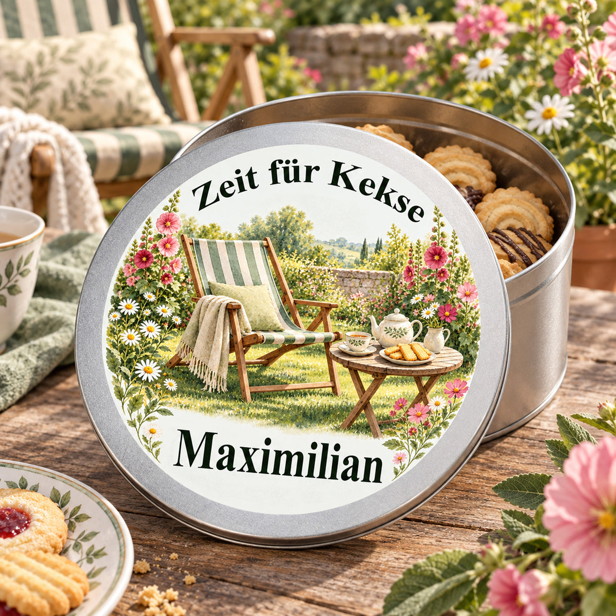 Offene Keksdose mit Keksen und daneben aufgestelltem bedrucktem Deckel mit Motiv Liegestuhl im Blütengarten
