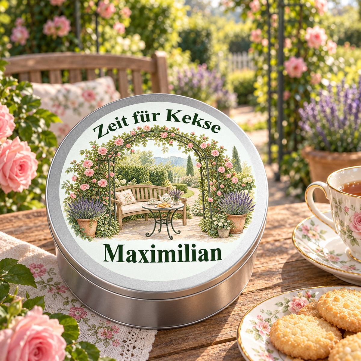 Keksdose mit Motiv Pause unter dem Rosenbogen neben Tee und Keksen in einer Gartenumgebung