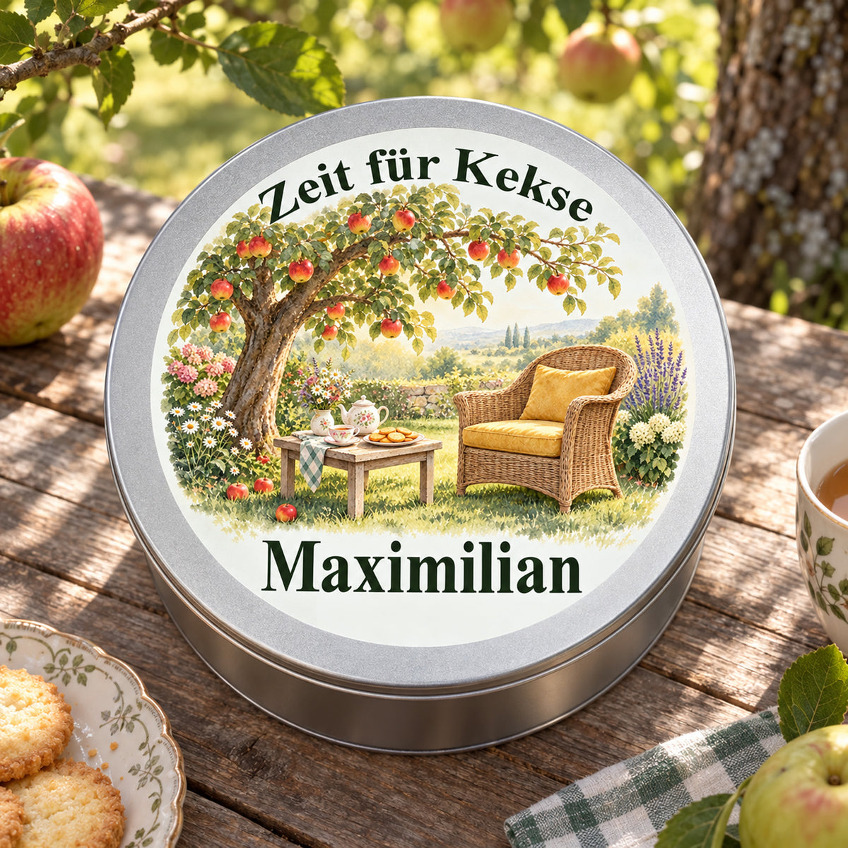 Draufsicht auf die personalisierte Keksdose mit Motiv Auszeit unter dem Apfelbaum auf einem Gartentisch