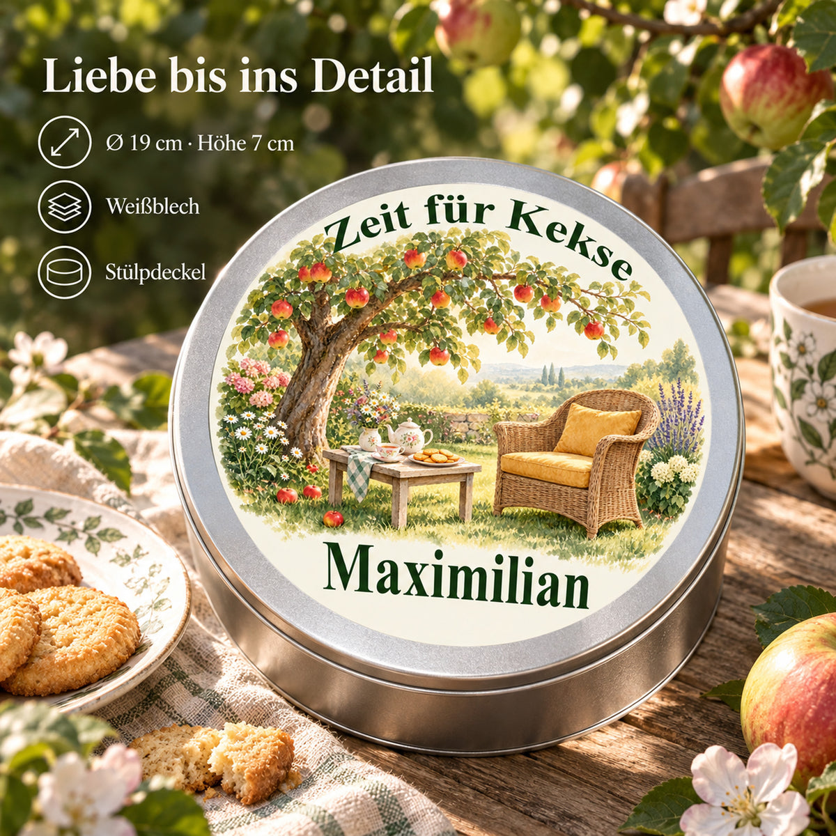 Keksdose mit Motiv Auszeit unter dem Apfelbaum und Angaben zu 19 cm Durchmesser, 7 cm Höhe, Weißblech und Stülpdeckel