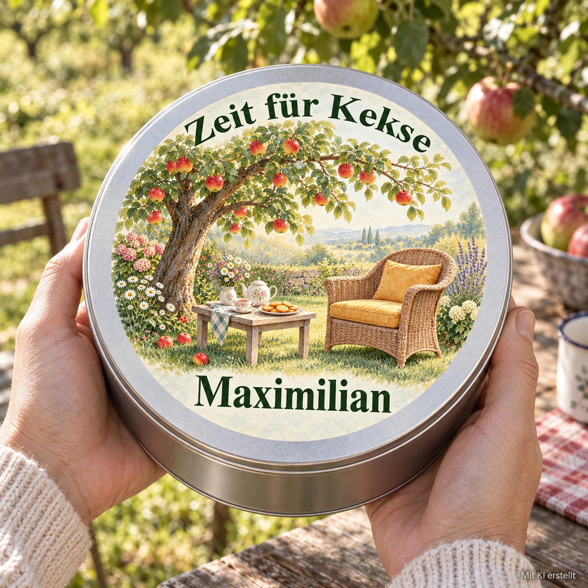 Erwachsene Hände halten die Keksdose mit Motiv Auszeit unter dem Apfelbaum im Garten