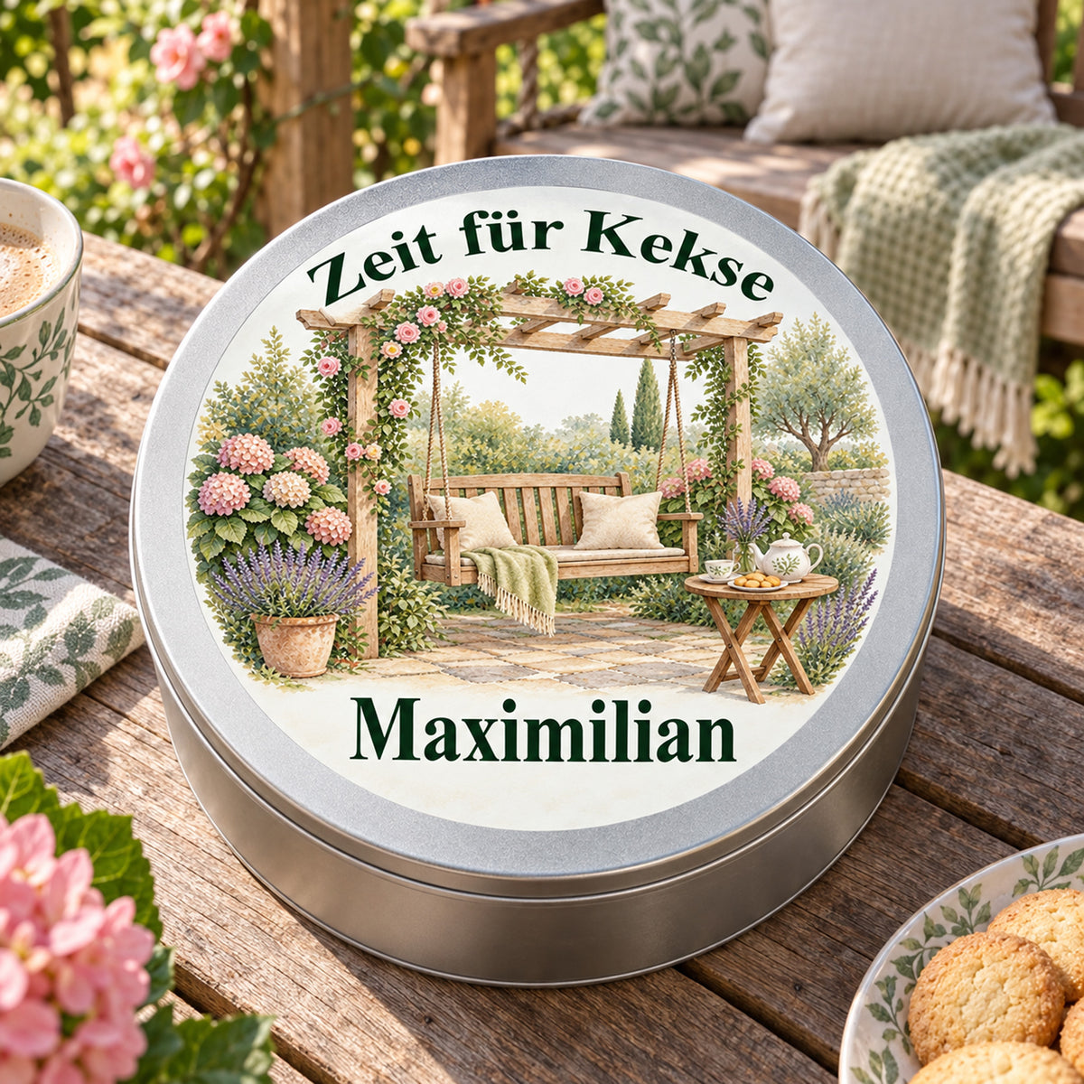 Draufsicht auf die personalisierte Keksdose mit Motiv Gemütliche Gartenschaukel auf einem Gartentisch
