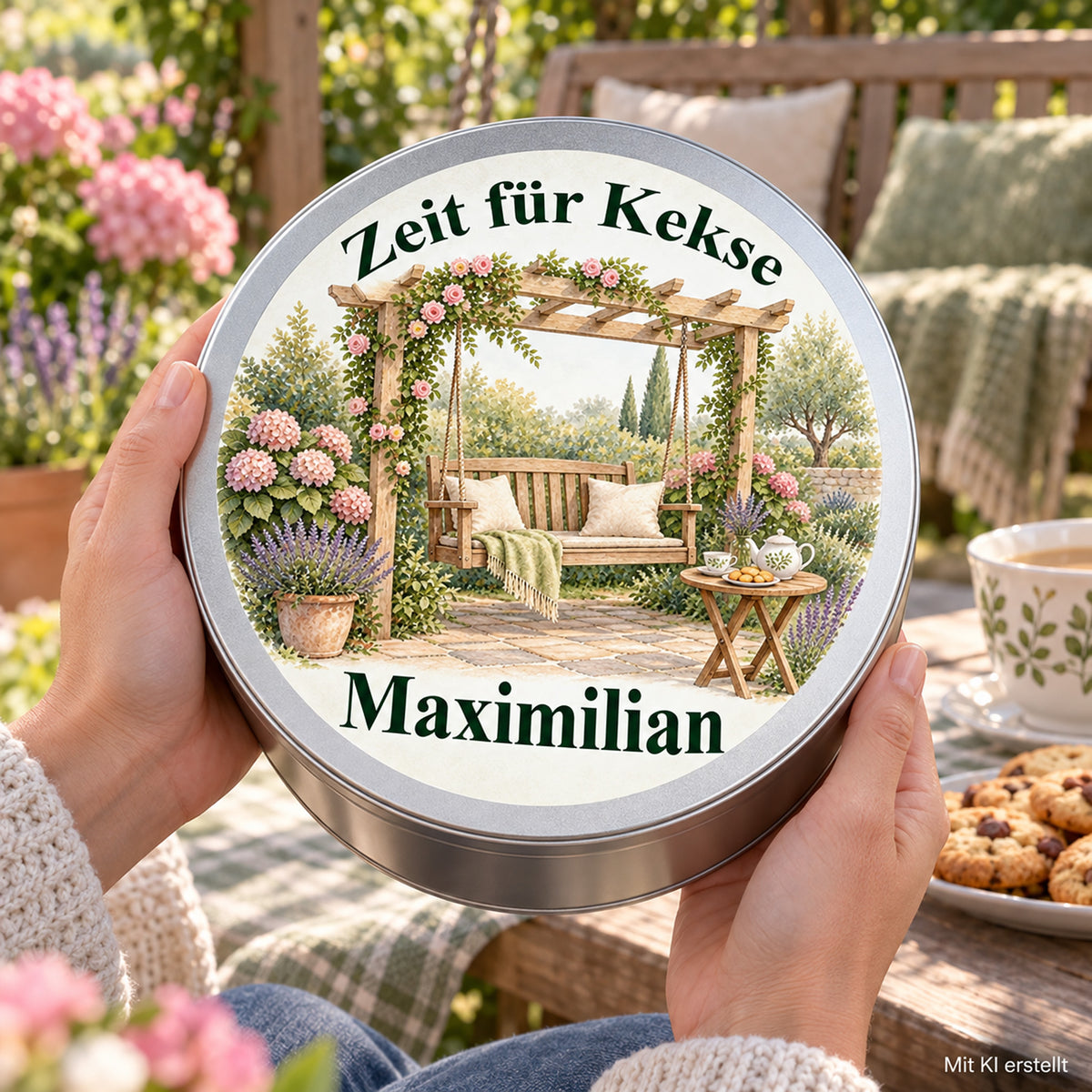 Erwachsene Hände halten die Keksdose mit Motiv Gemütliche Gartenschaukel im Garten