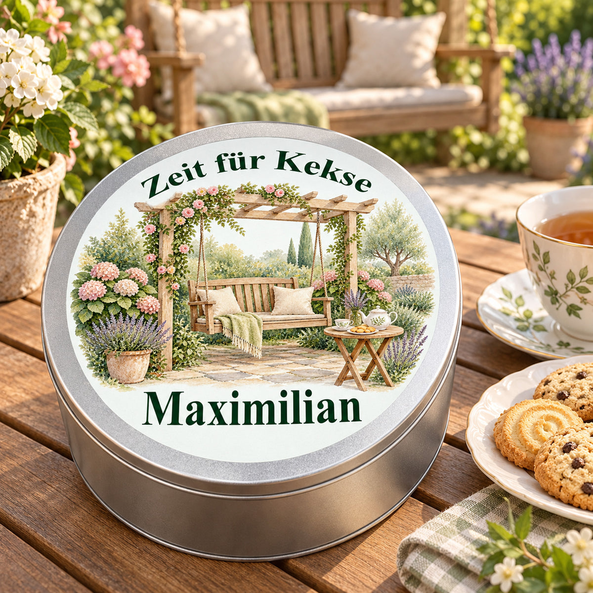 Keksdose mit Motiv Gemütliche Gartenschaukel neben Tee und Keksen in einer Gartenumgebung