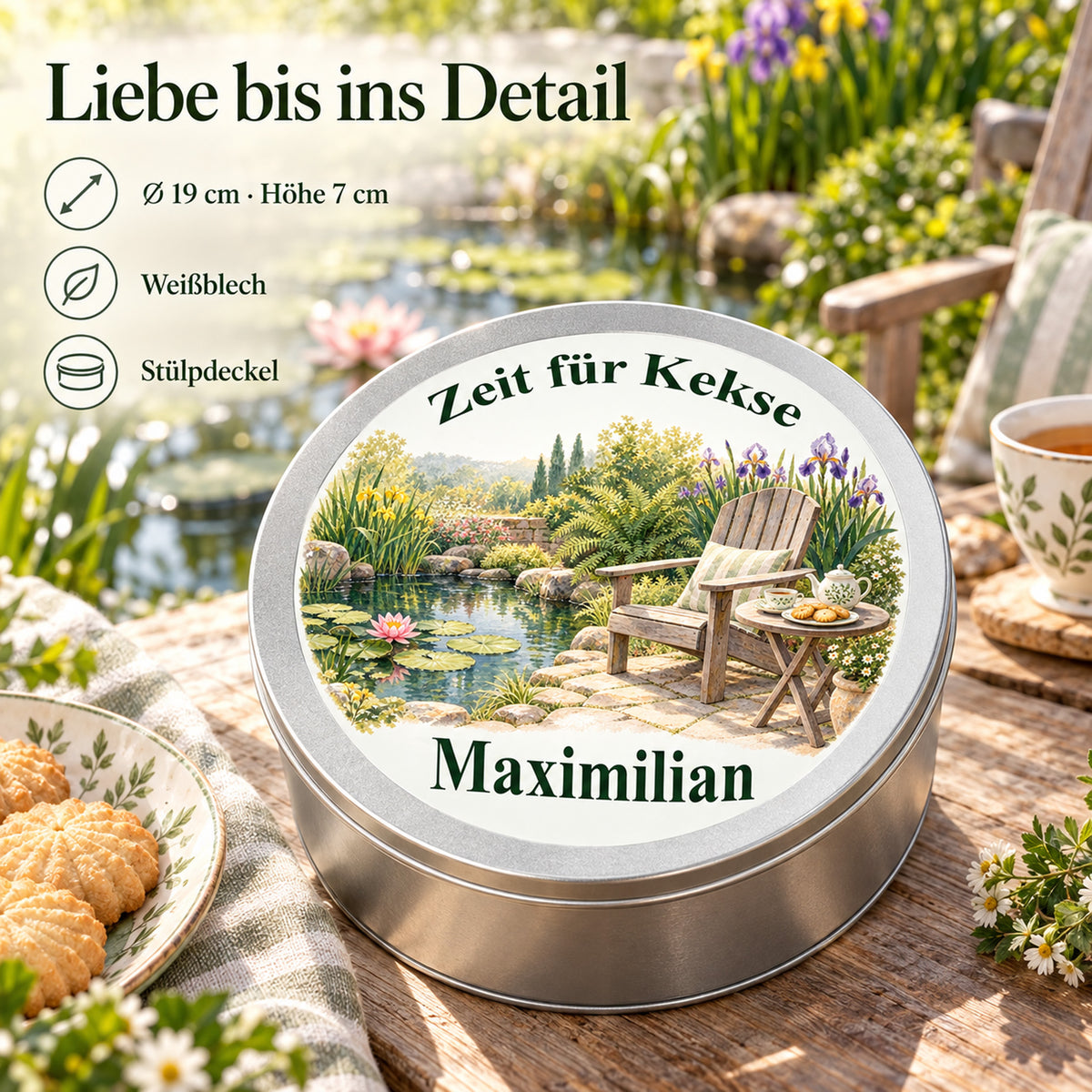 Keksdose mit Motiv Kekspause am Gartenteich und Angaben zu 19 cm Durchmesser, 7 cm Höhe, Weißblech und Stülpdeckel