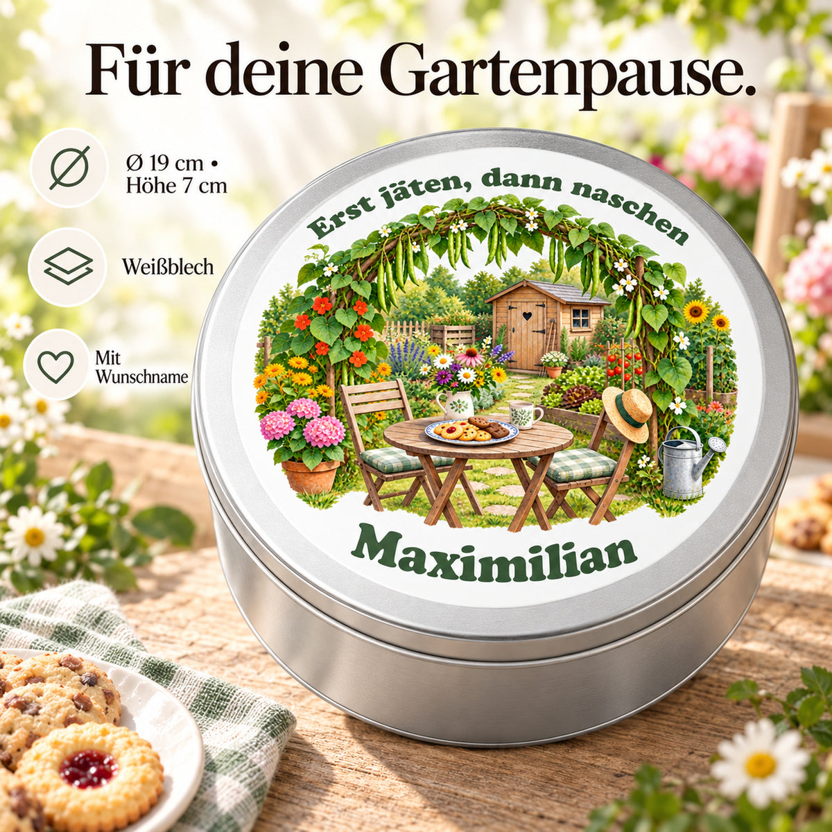 Keksdose mit Bohnenbogen und Hinweisen zu Größe, Weißblech und Wunschname.
