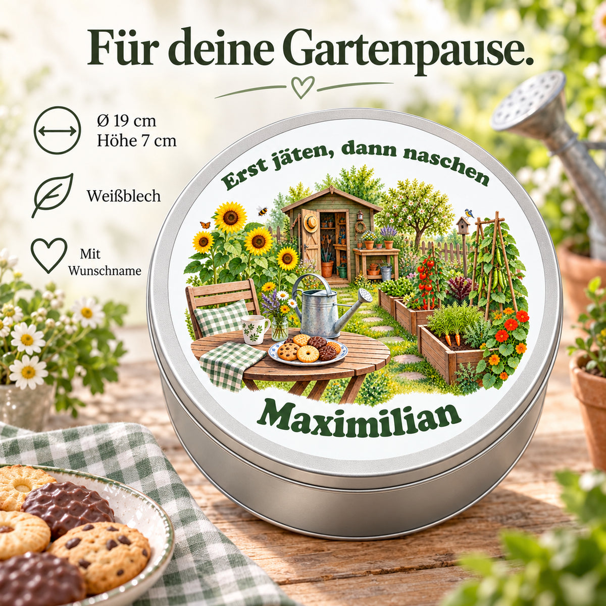 Keksdose mit Hochbeeten und Sonnenblumen und Hinweisen zu Größe, Weißblech und Wunschname.