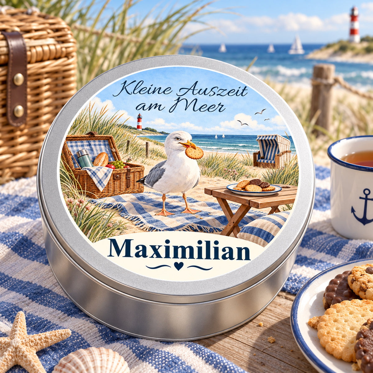 Maritime Keksdose mit Dünenpicknick-Motiv als Geschenkidee für Küstenfans