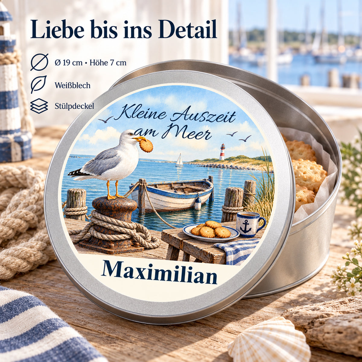 Keksdose mit Hafen-Keks-Kapitän-Motiv und Angaben zu Material, Größe und Deckel