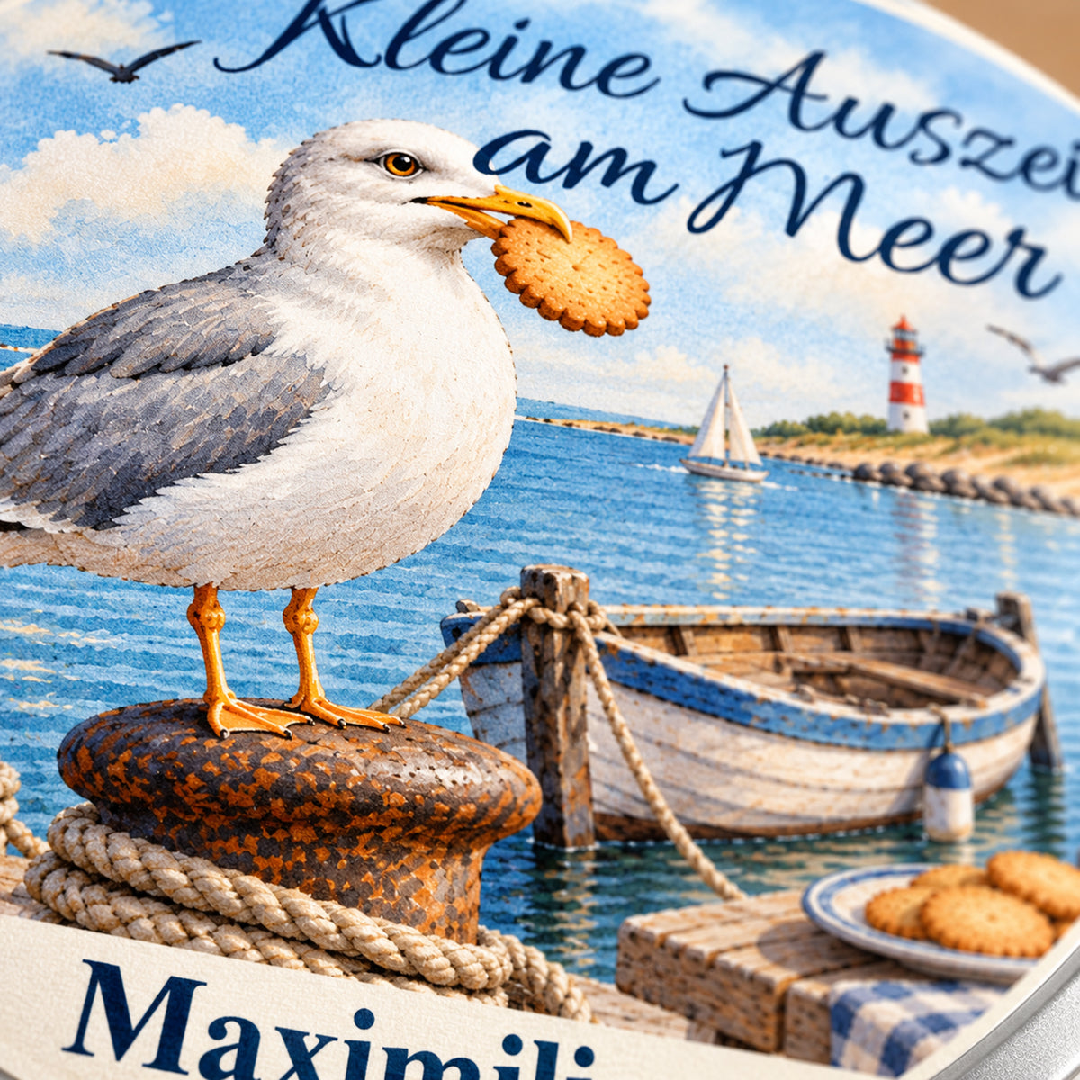 Detail des gedruckten Küstenmotivs Hafen-Keks-Kapitän und des metallischen Deckelrands
