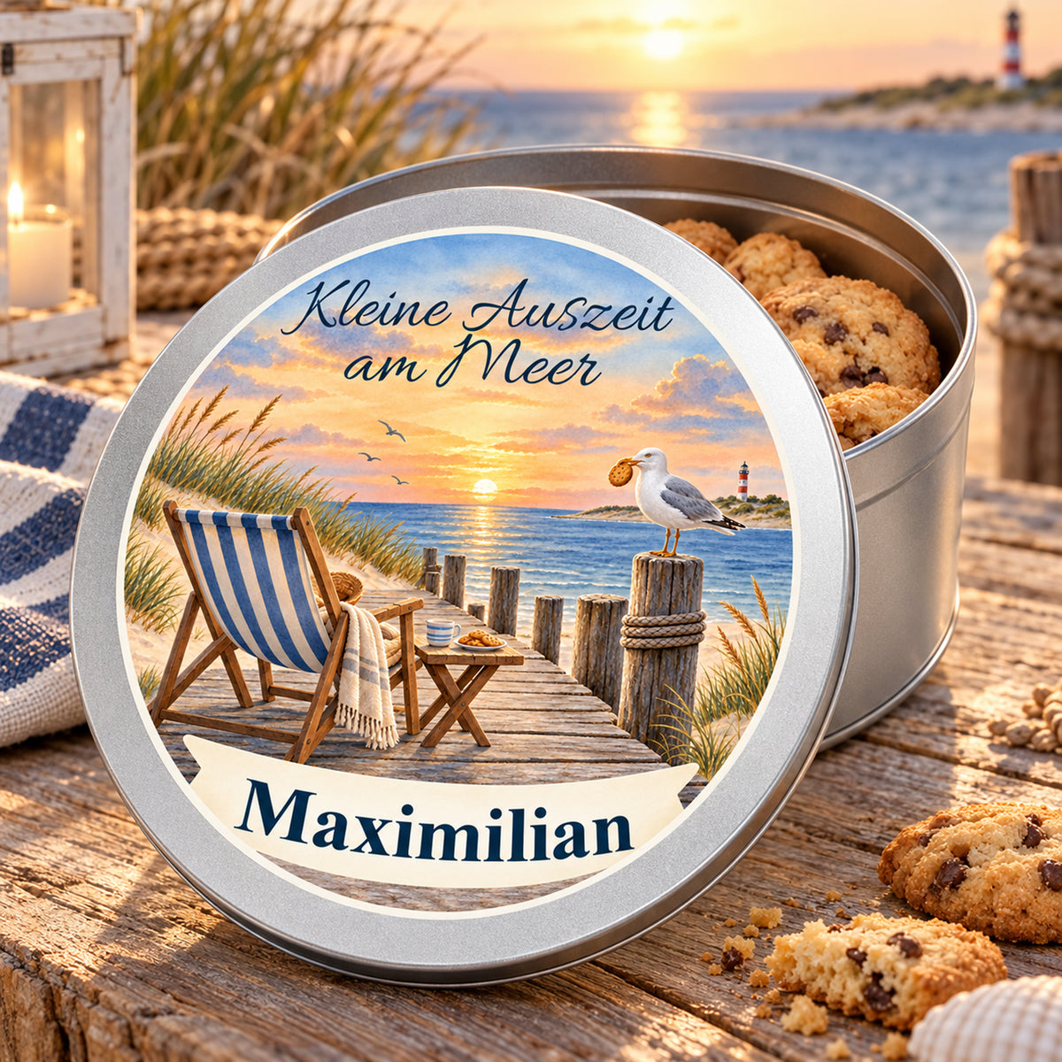 Offene Keksdose mit Keksen und bedrucktem Deckel mit dem Motiv Abendpause am Steg