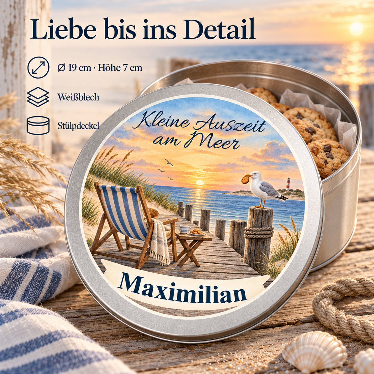 Keksdose mit Abendpause am Steg-Motiv und Angaben zu Material, Größe und Deckel