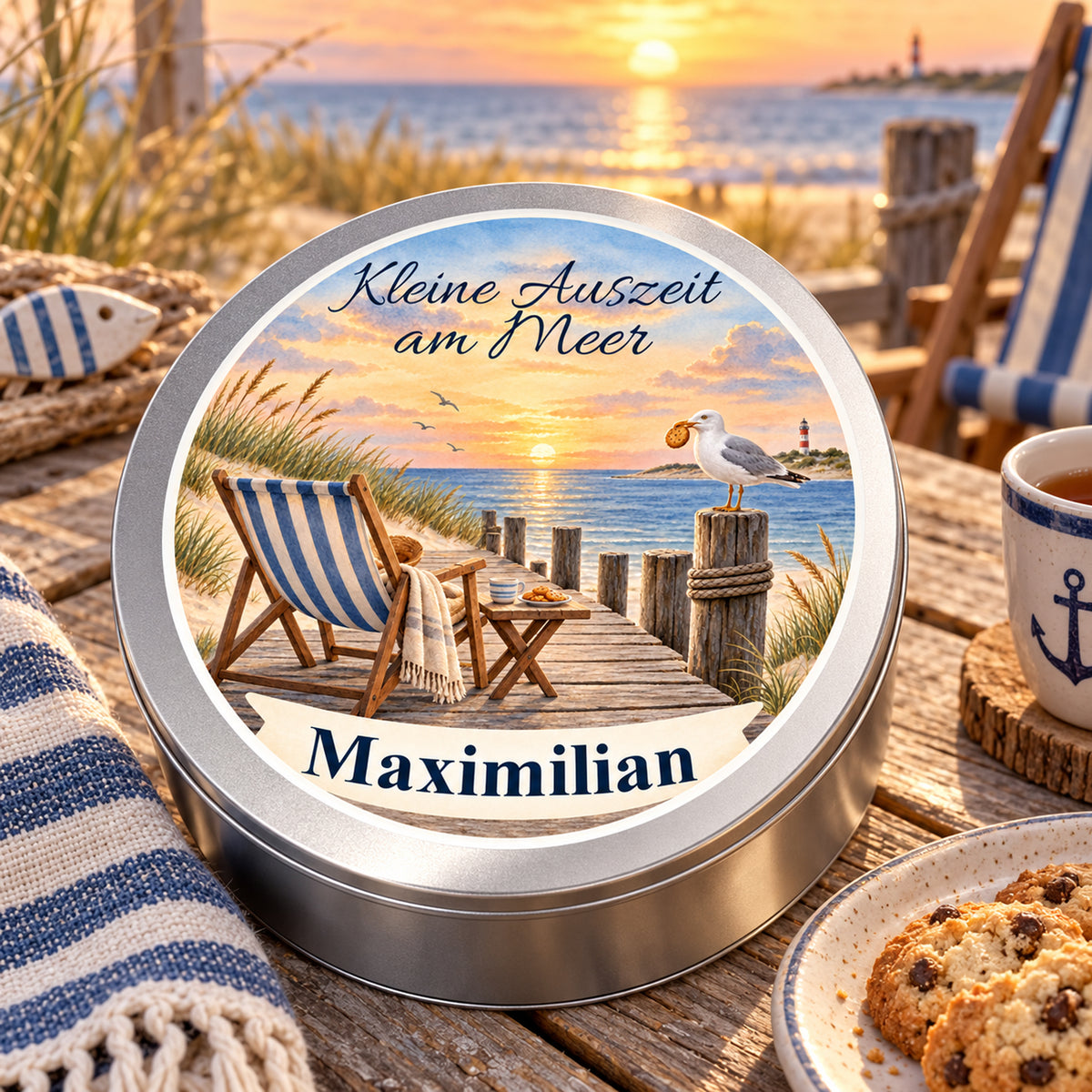 Maritime Keksdose mit Abendpause am Steg-Motiv als Geschenkidee für Küstenfans