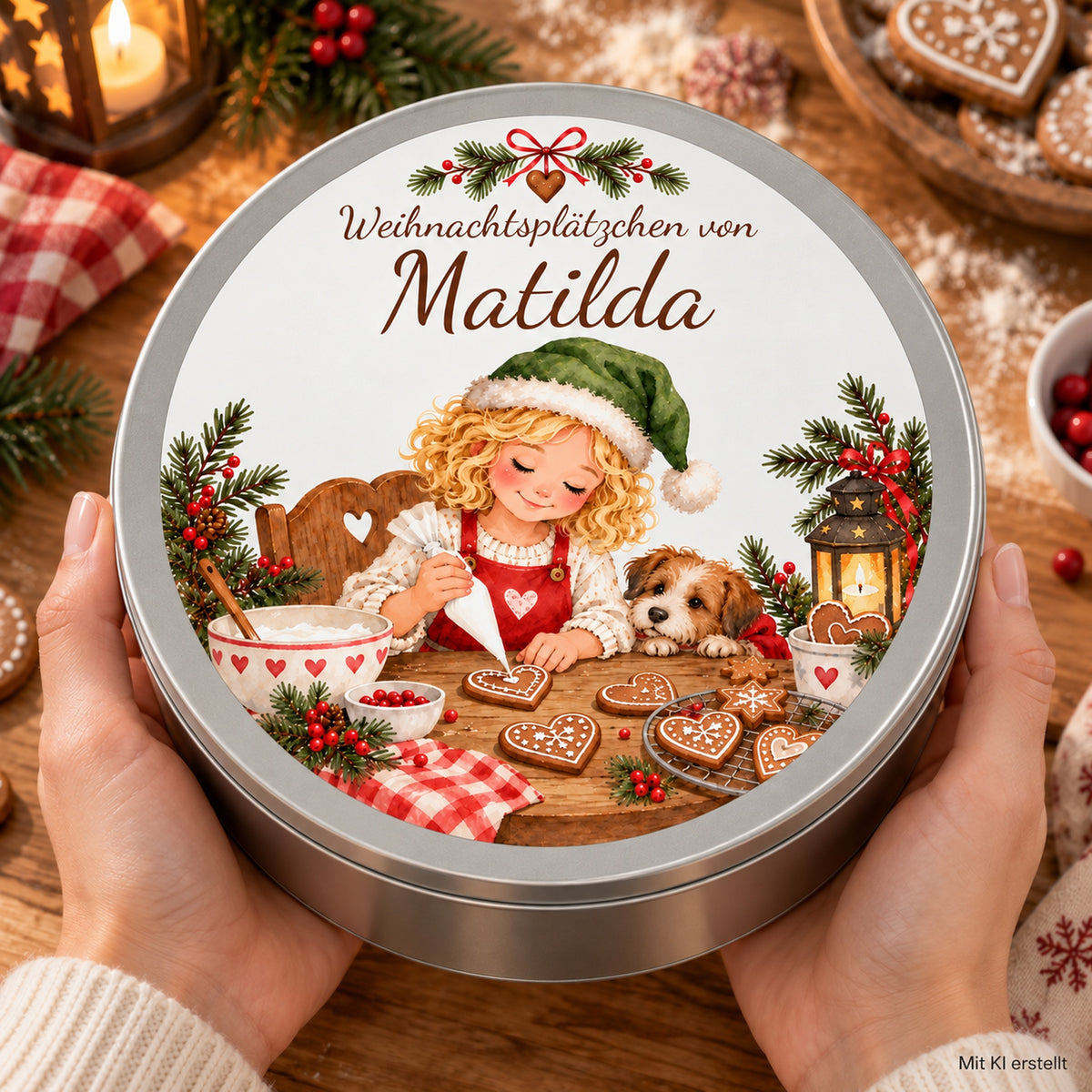 Runde personalisierte Keksdose mit Weihnachtsbäckerin beim Verzieren von Herzplätzchen und kleinem Hund in Händen.