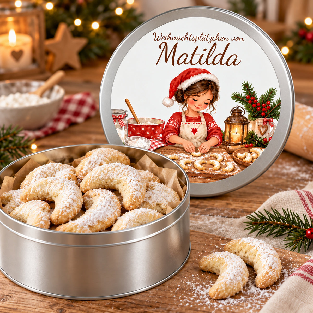 Geöffnete personalisierte Keksdose mit Weihnachtsbäckerin beim Formen von Vanillekipferln.