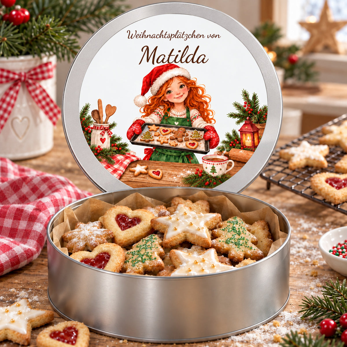 Geöffnete Keksdose mit Weihnachtsplätzchen und aufgestelltem personalisiertem Deckel mit Weihnachtsbäckerin beim Präsentieren eines Plätzchenblechs.