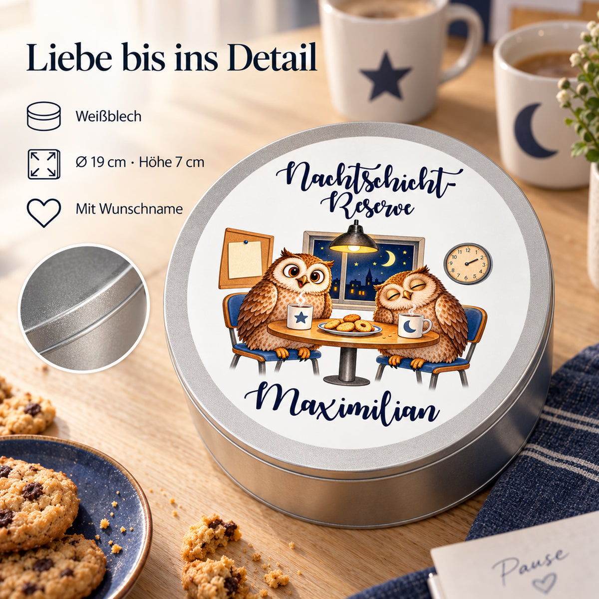 Keksdose Nachtschicht-Reserve – Gemeinsame Nachtschichtpause: Produktdetails zu Weißblech, 19 cm Durchmesser, 7 cm Höhe und Wunschname
