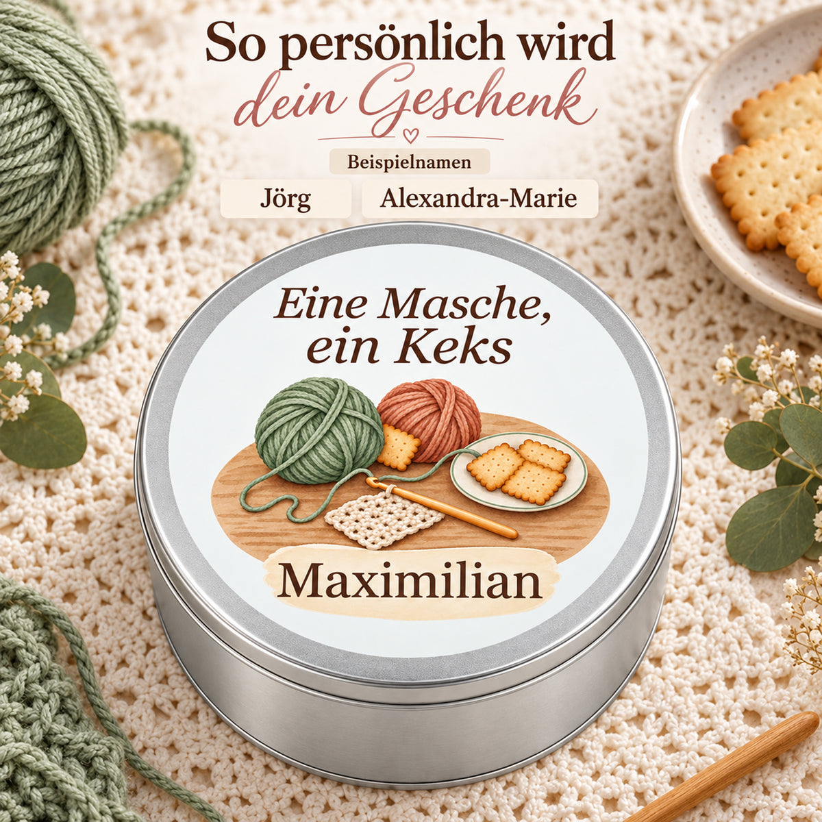 Keksdose mit Namensfeld neben kurzen und langen Beispielnamen.
