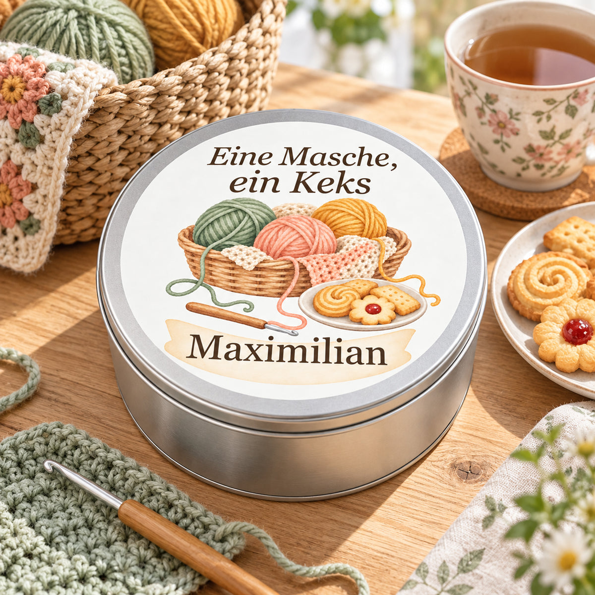 Geschlossene Keksdose mit Häkelmotiv und Namensfeld neben Tasse, Keksen und Häkelmaterial.