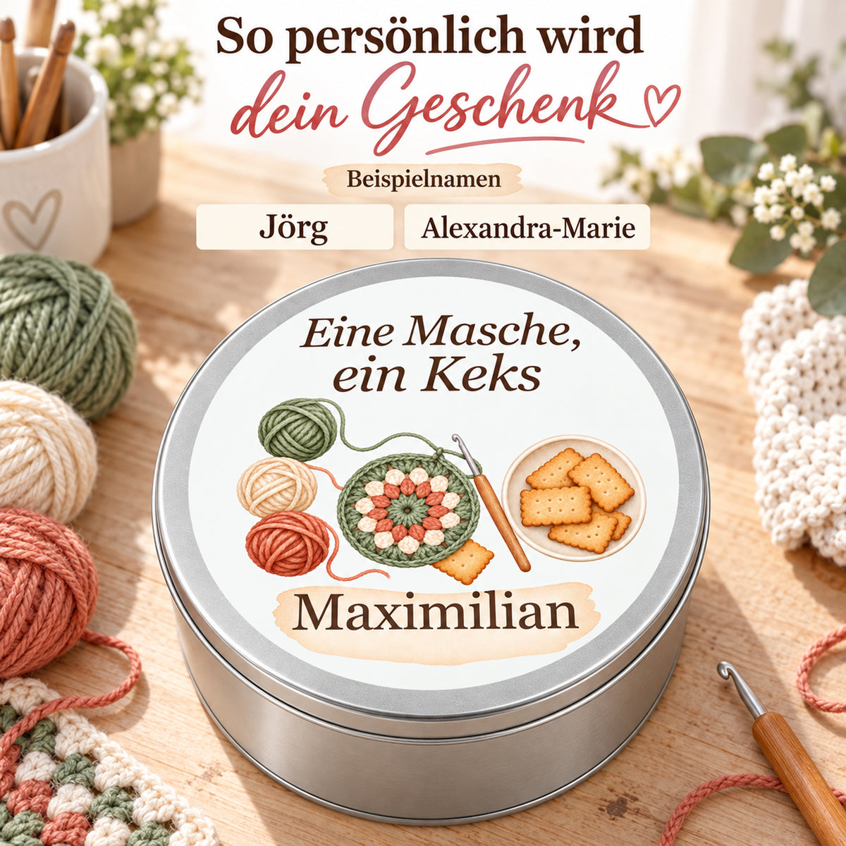 Keksdose mit Namensfeld neben kurzen und langen Beispielnamen.