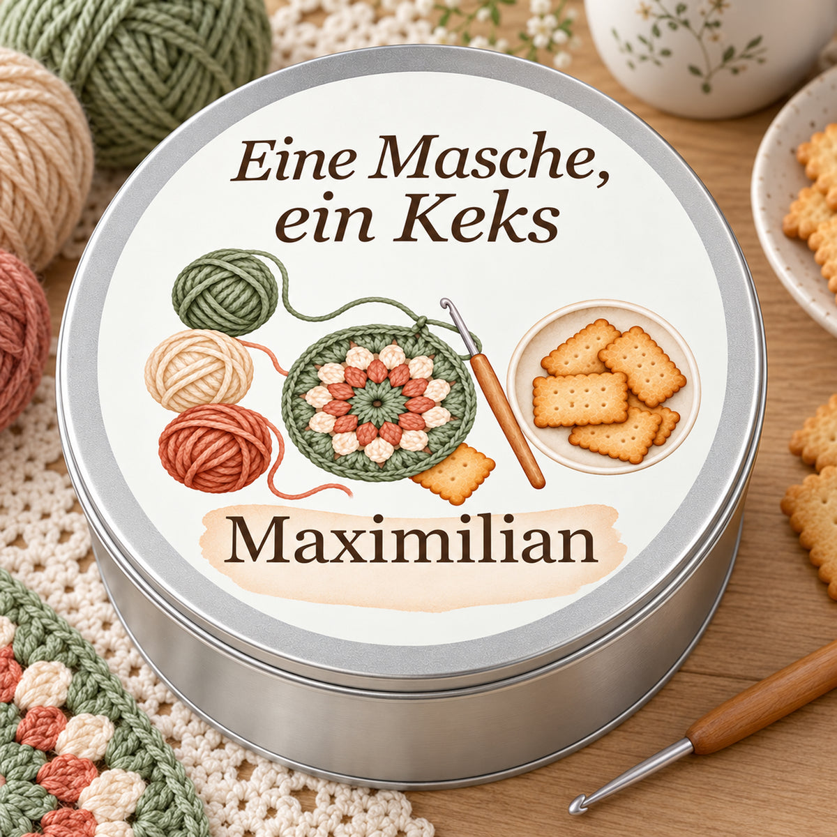 Nahansicht der Keksdose mit rundem Häkelstück, Wollknäueln und Keksen, Spruch und Namensfeld.