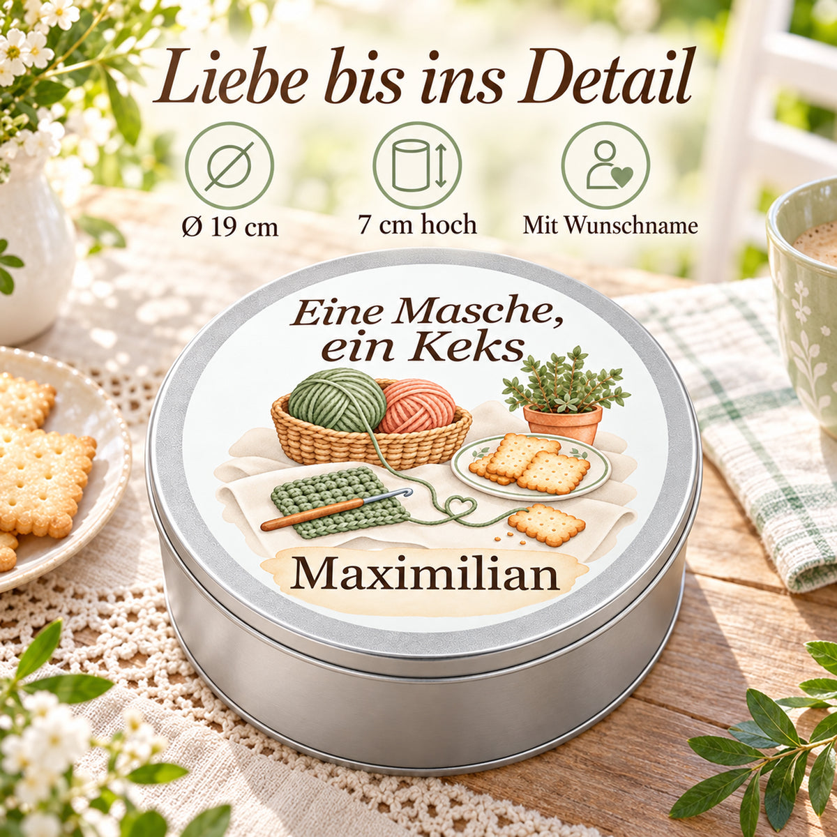 Keksdose mit Häkelmotiv neben den Angaben 19 cm Durchmesser, 7 cm Höhe und Wunschname.
