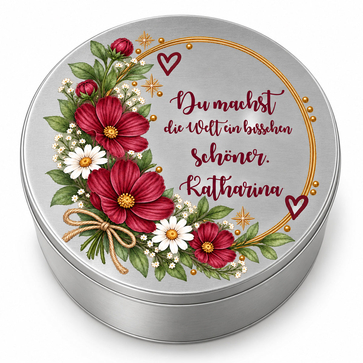 Geschlossene silberne Keksdose mit Blumenmotiv, Spruch und personalisiertem Namen – Motiv „Welt schöner“