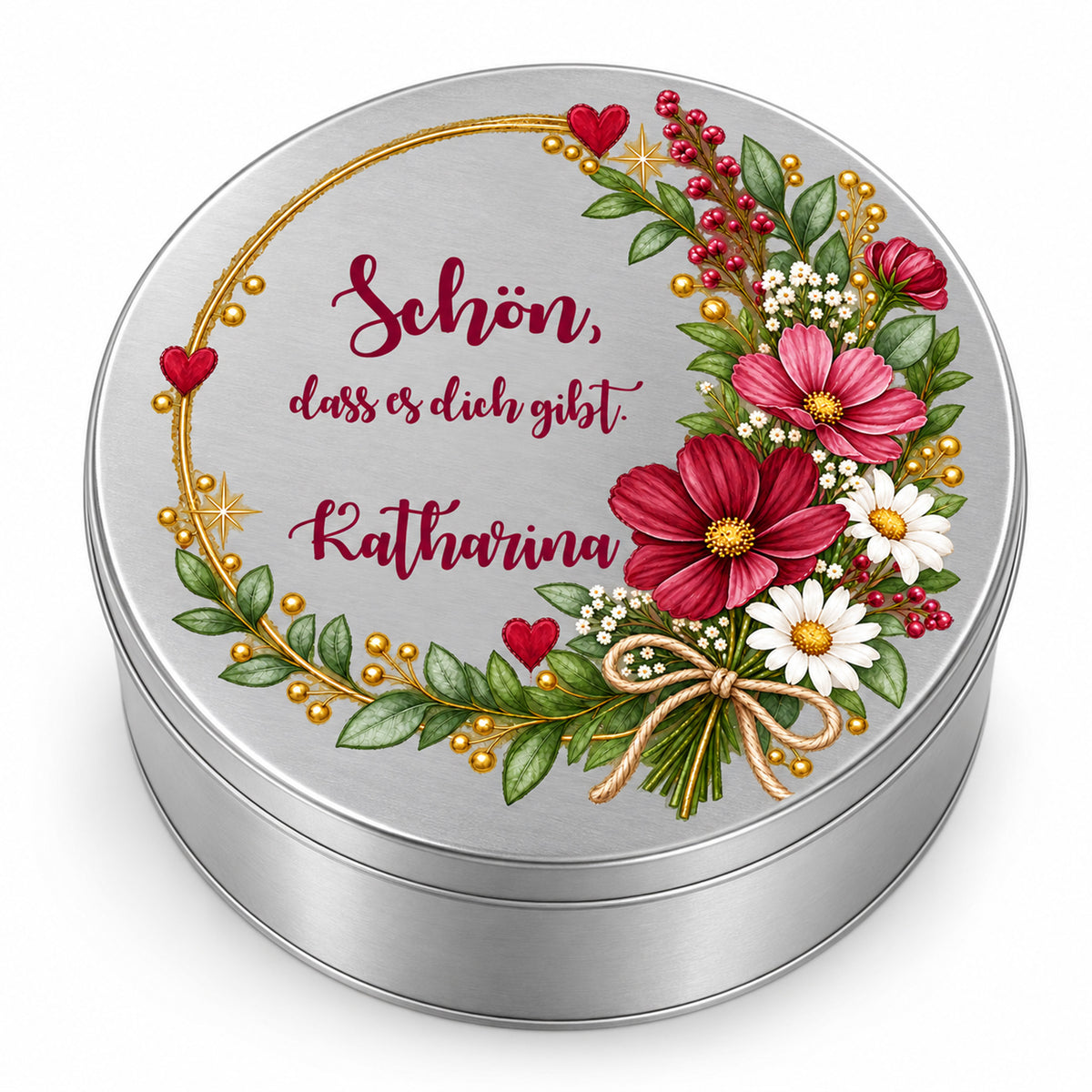 Geschlossene silberne Keksdose mit Blumenmotiv, Spruch und personalisiertem Namen – Motiv „Schön, dass es dich gibt“