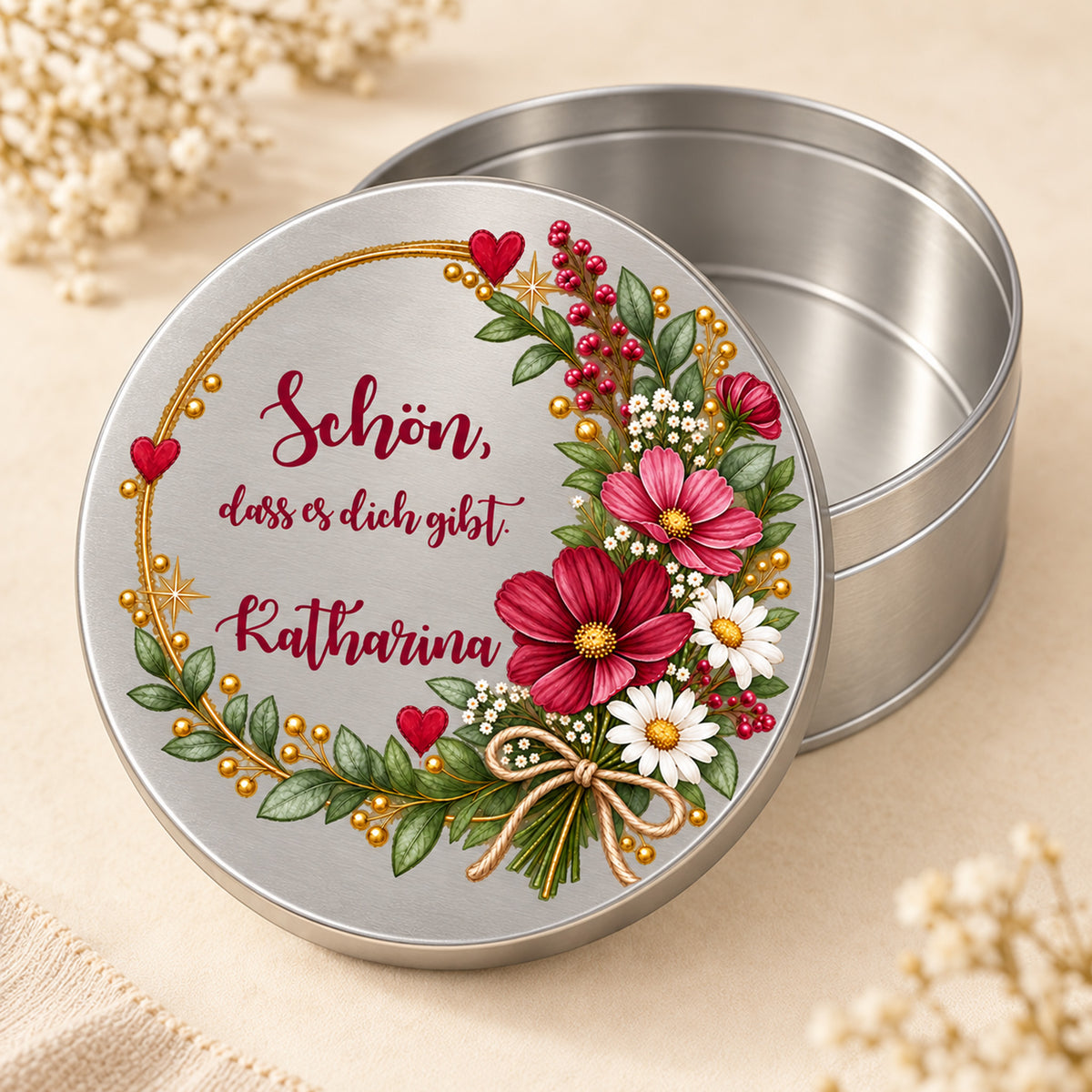 Geöffnete leere Keksdose mit passendem bedrucktem Deckel – Motiv „Schön, dass es dich gibt“