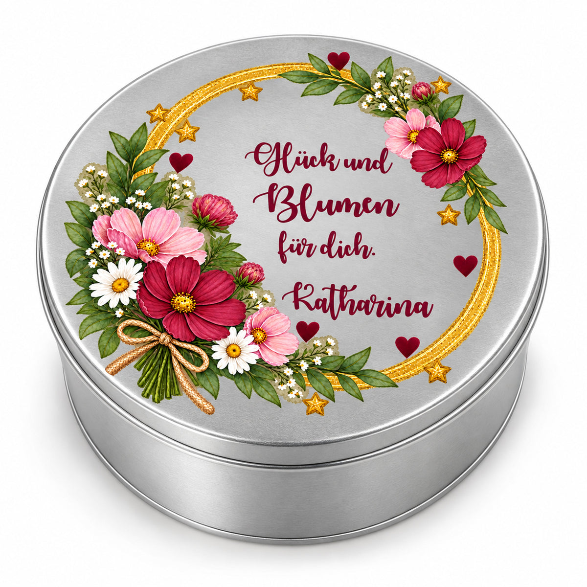 Geschlossene silberne Keksdose mit Blumenmotiv, Spruch und personalisiertem Namen – Motiv „Glück und Blumen“