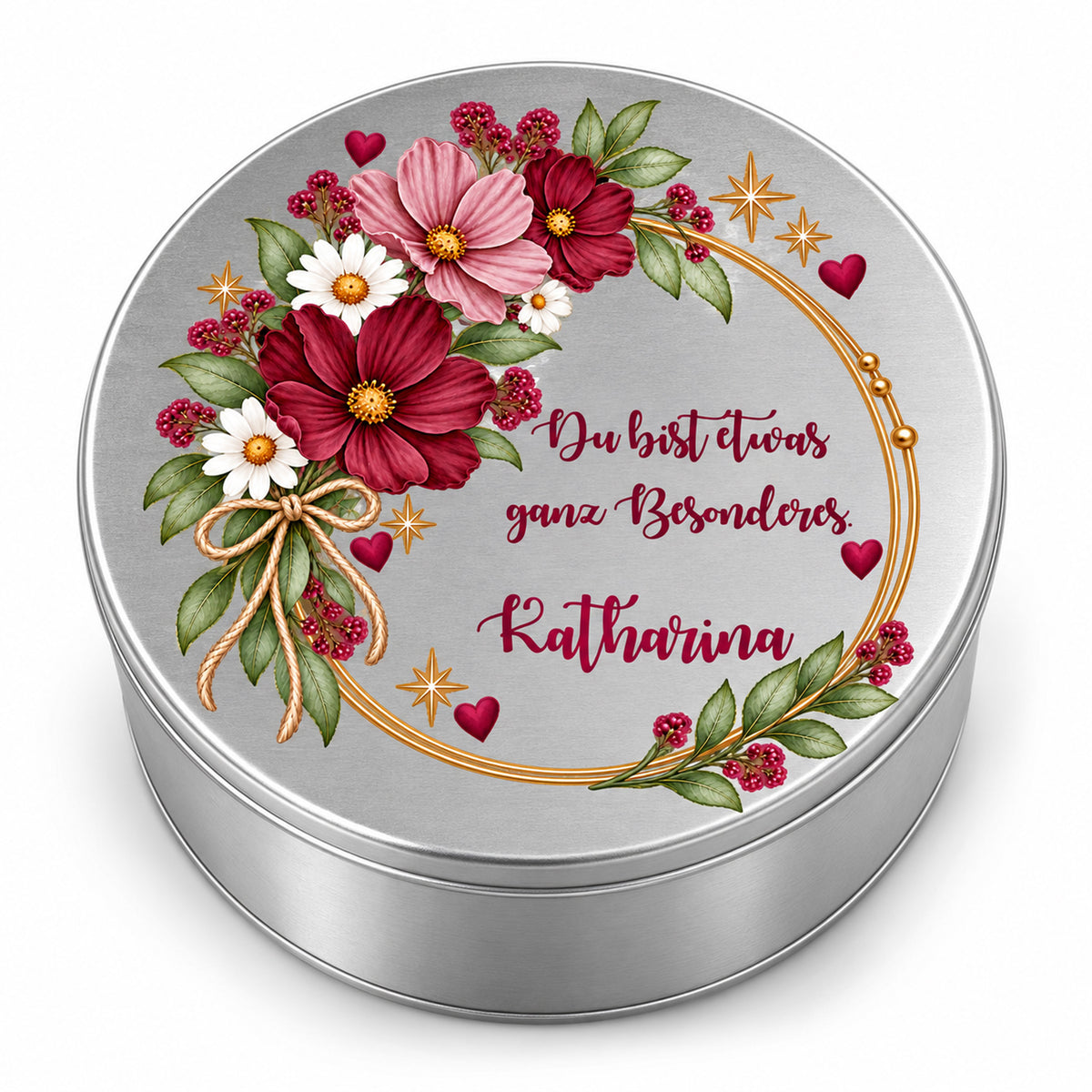 Geschlossene silberne Keksdose mit Blumenmotiv, Spruch und personalisiertem Namen – Motiv „Ganz Besonderes“