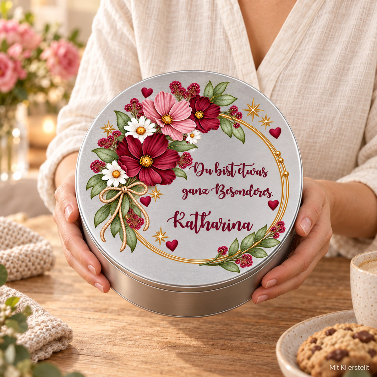 Hände halten die personalisierte silberne Blumen-Keksdose – Motiv „Ganz Besonderes“